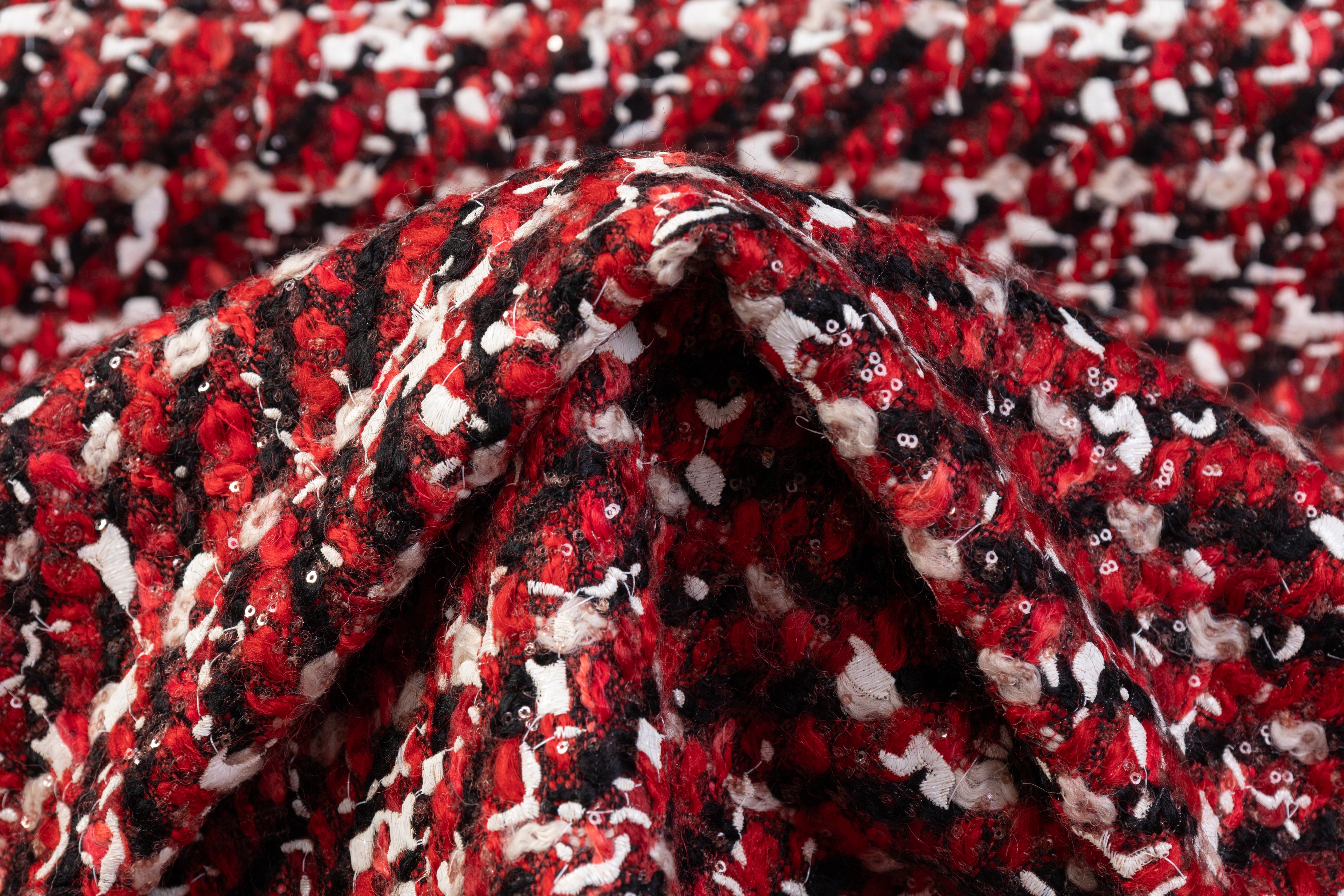 Sequined Italian Wool Blend Tweed - Red / Black / White