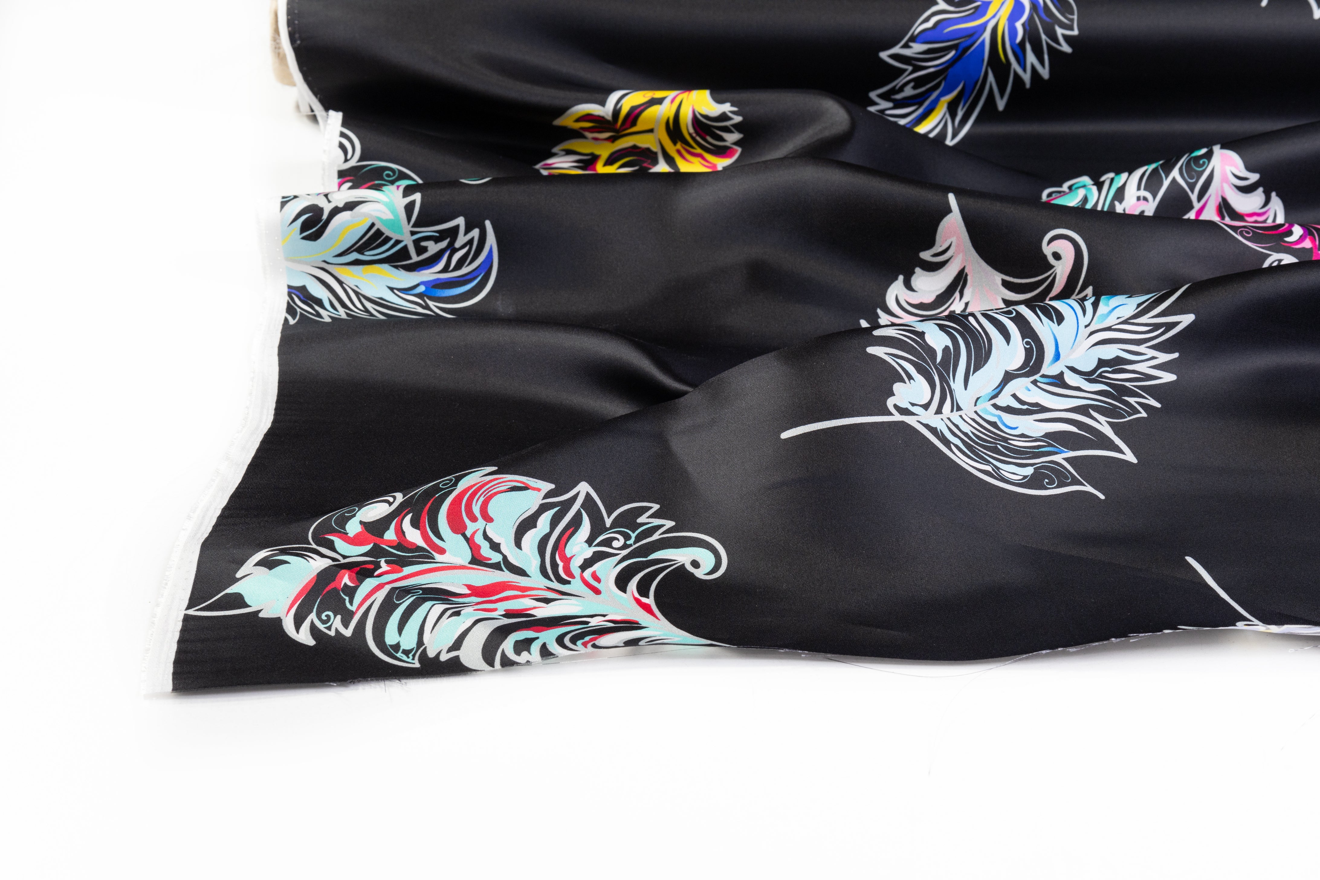 Feather Print Italian Satin Face Silk Gazar - Black / Multicolor