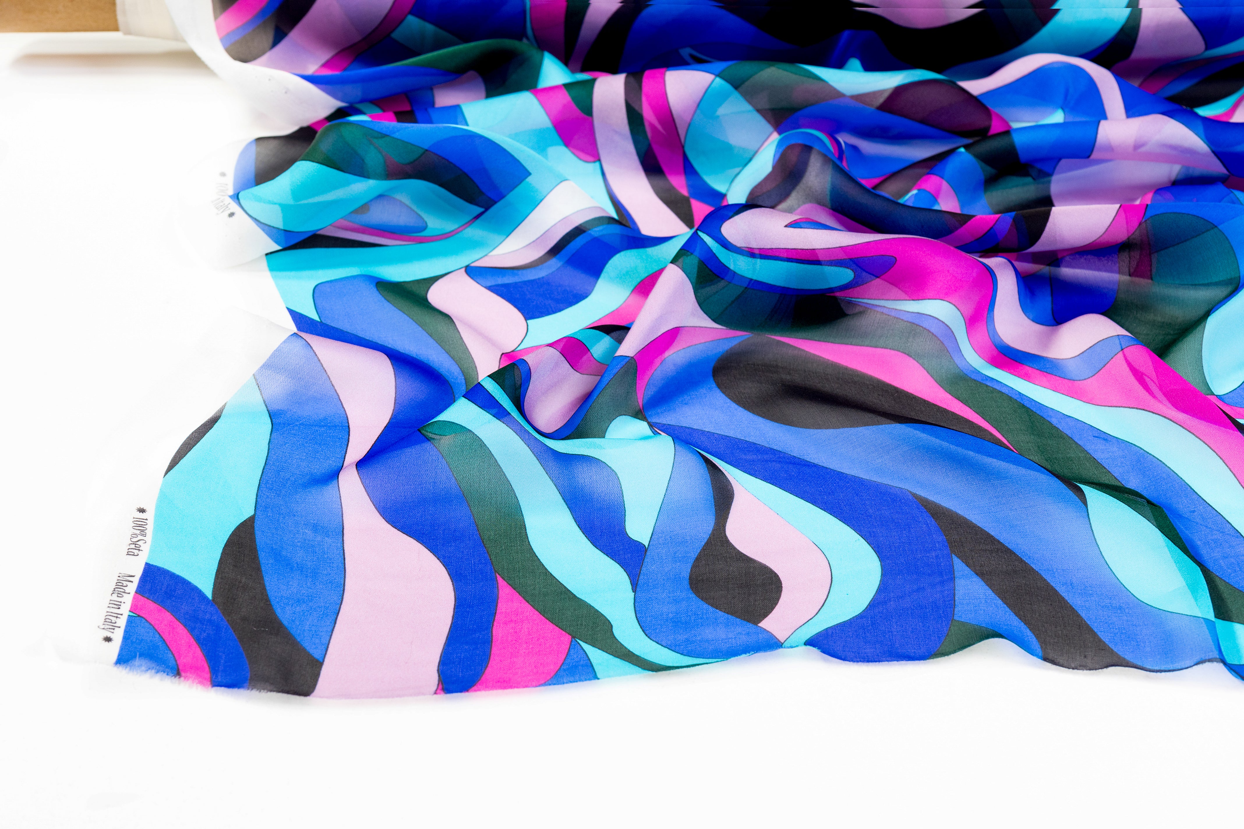 Abstract Italian Silk Chiffon - Blue / Pink