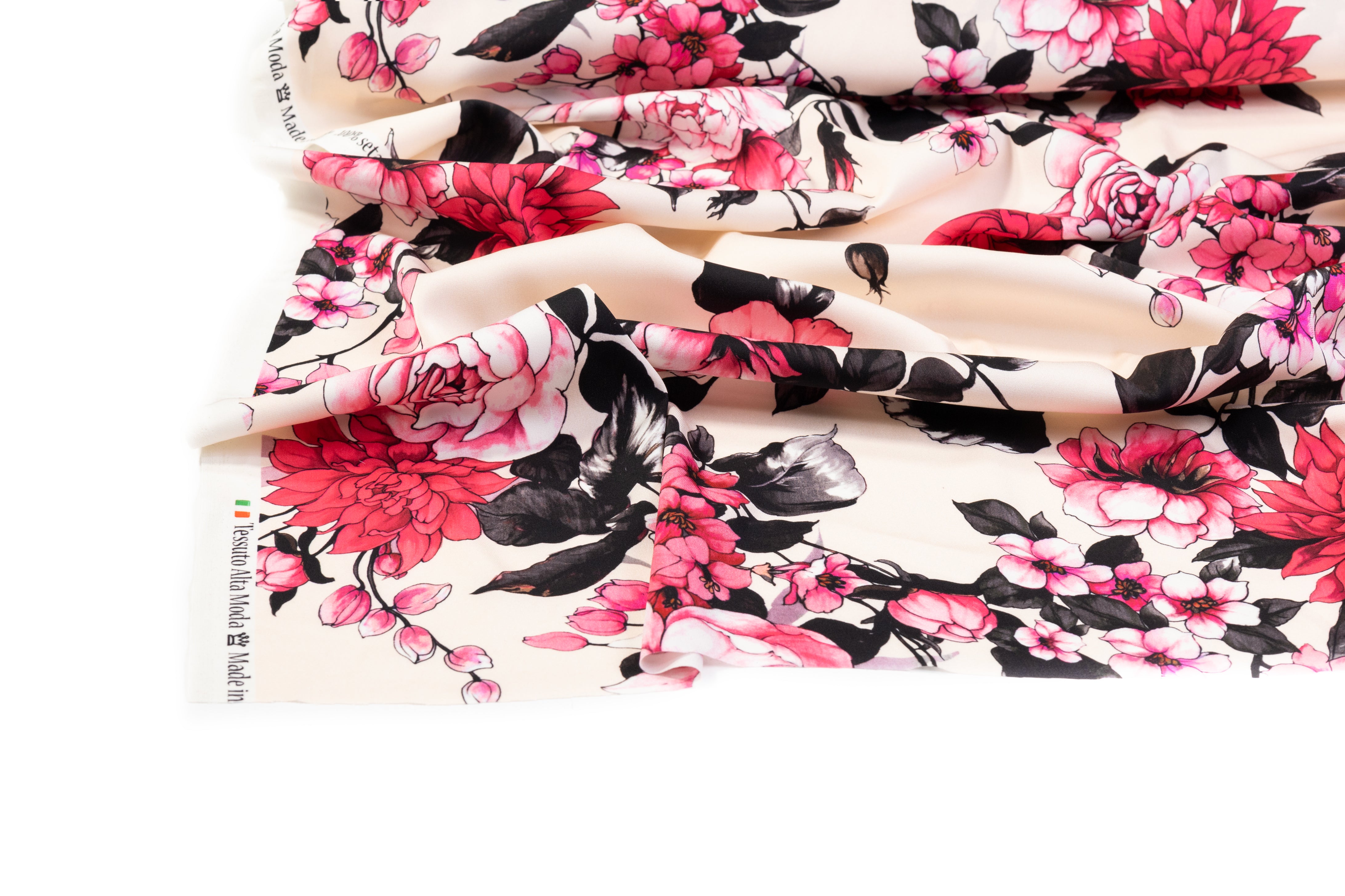 Floral Italian Stretch Silk Crepe - Pink / Black