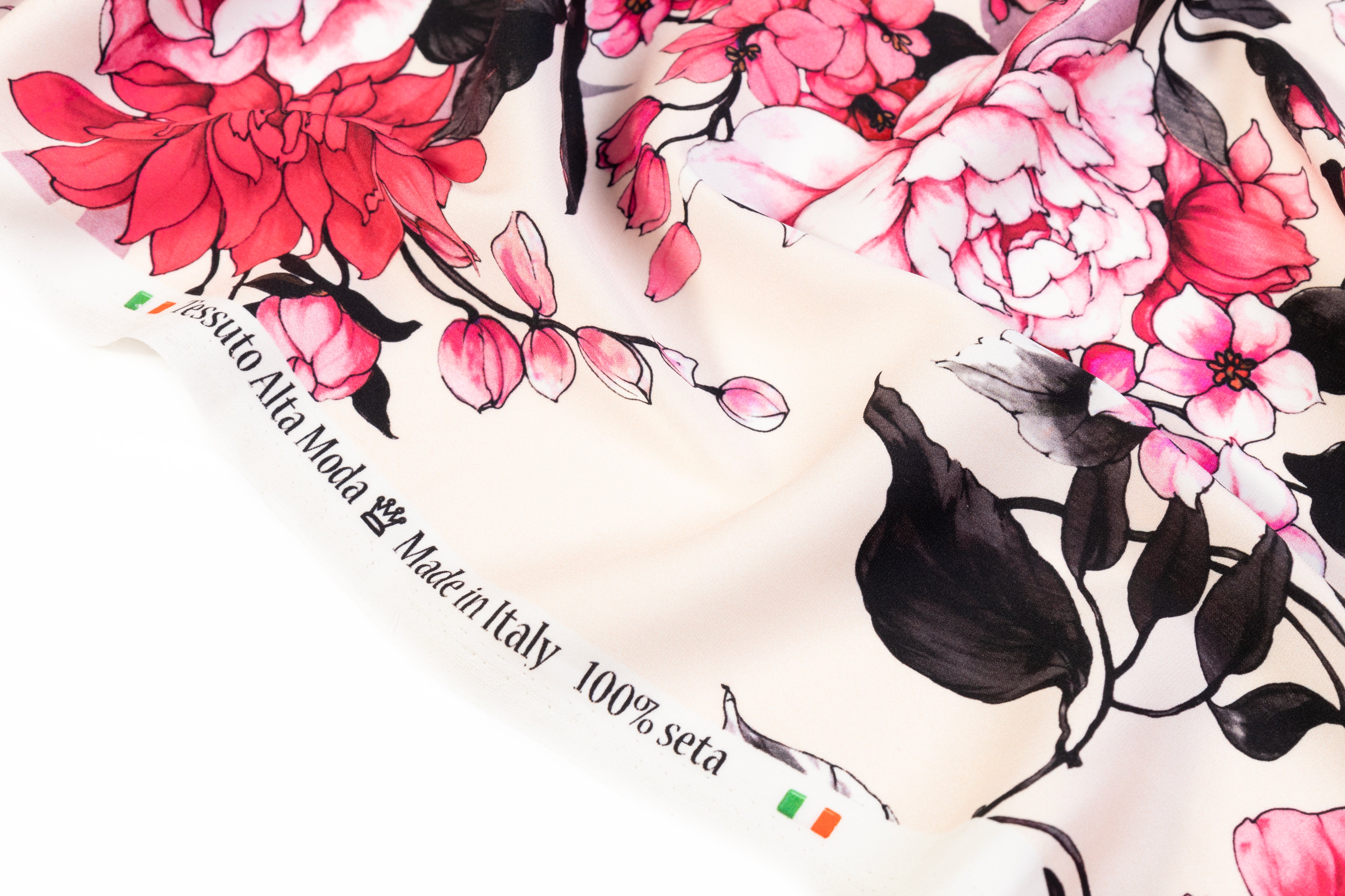 Floral Italian Stretch Silk Crepe - Pink / Black