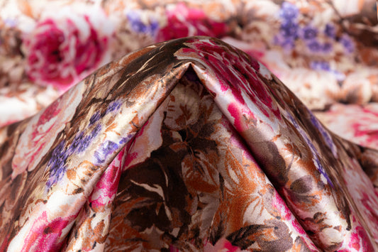 Floral Italian Silk Satin - Brown / Magenta