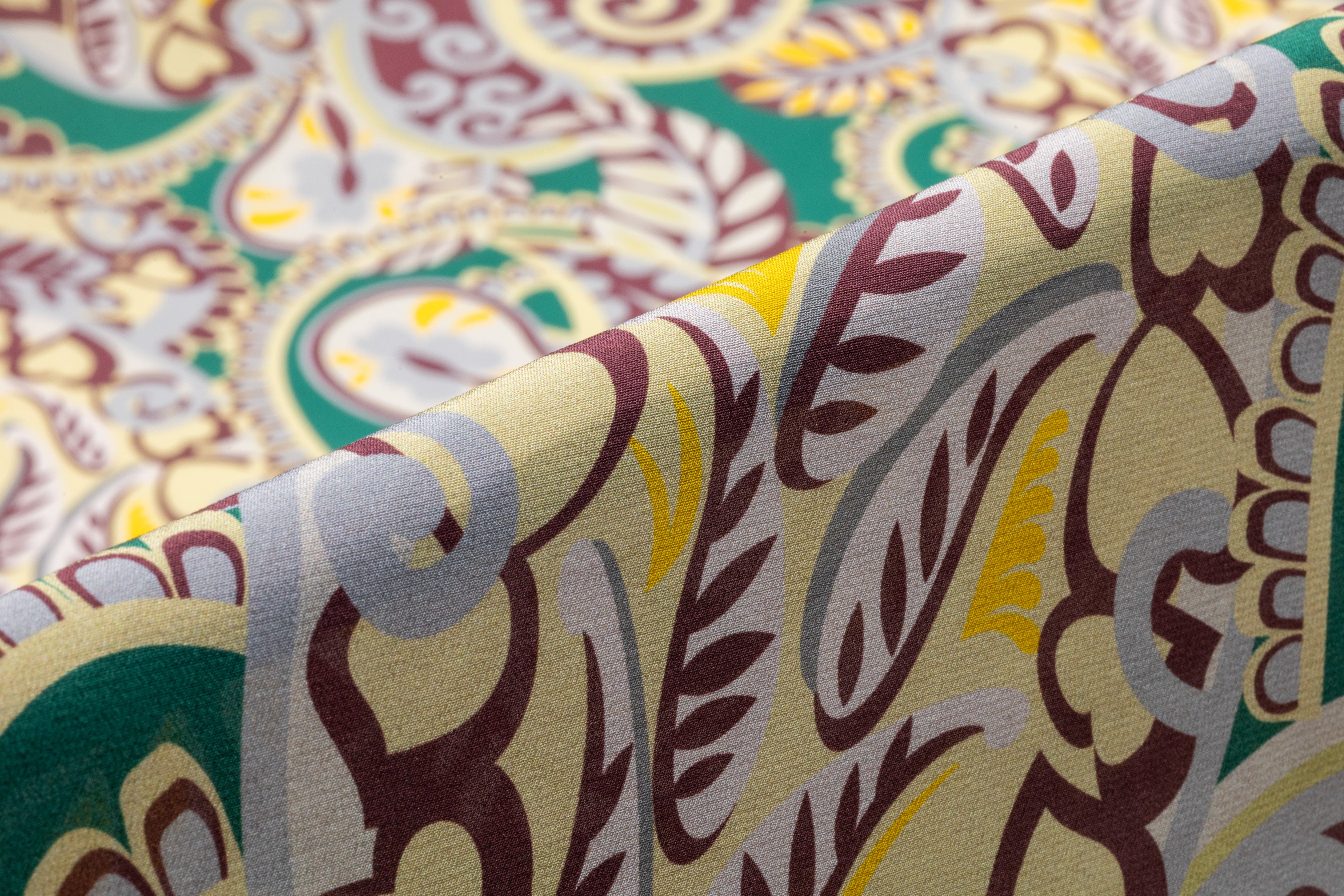Paisley Italian Silk Crepe de Chine - Green / Burgundy / Cream
