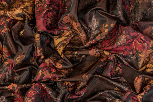 Crushed Floral Metallic Brocade - Burgundy / Burned Orange