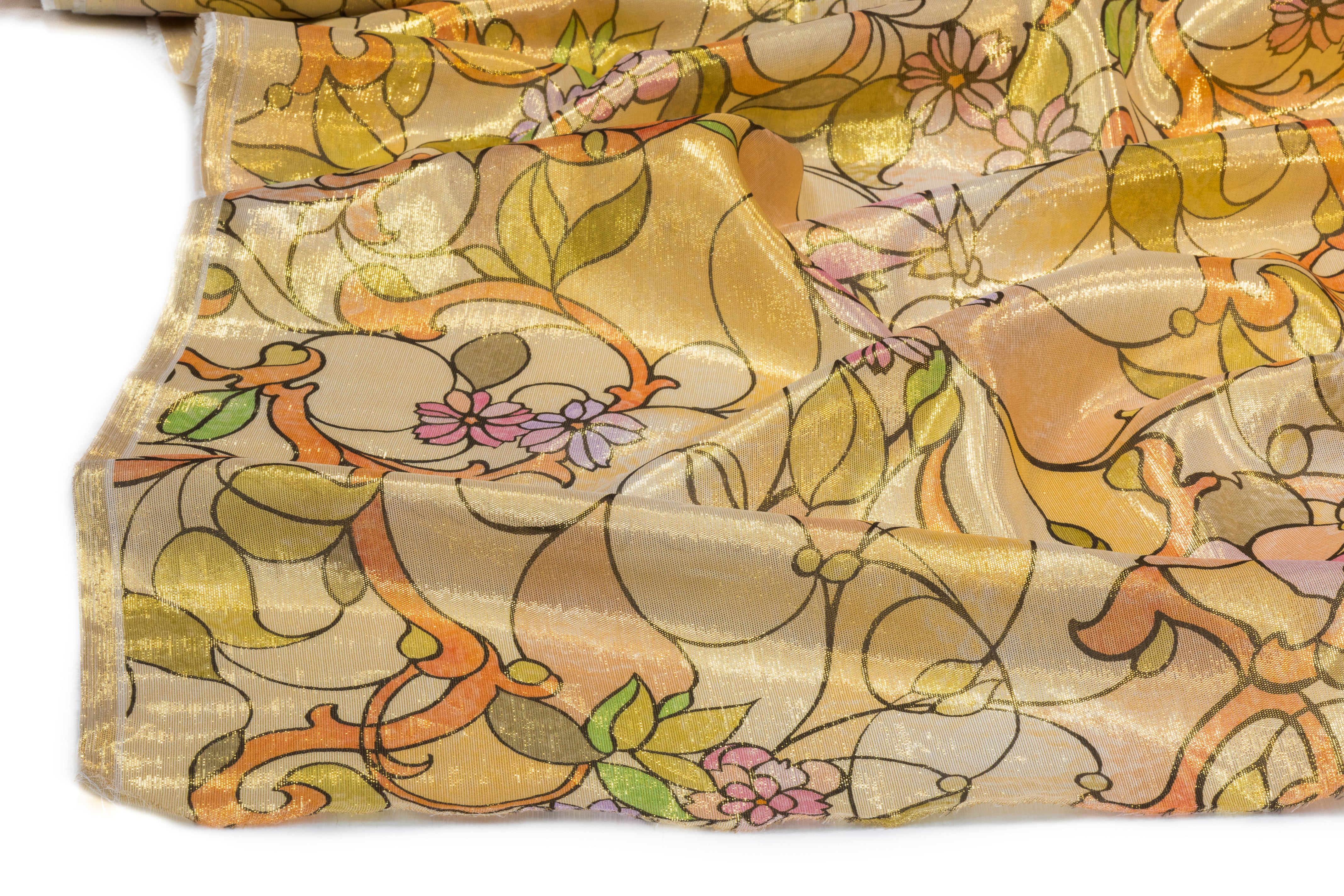 Retro Floral Metallic Silk Chiffon Lamé - Gold / Peach / Lavender / Green