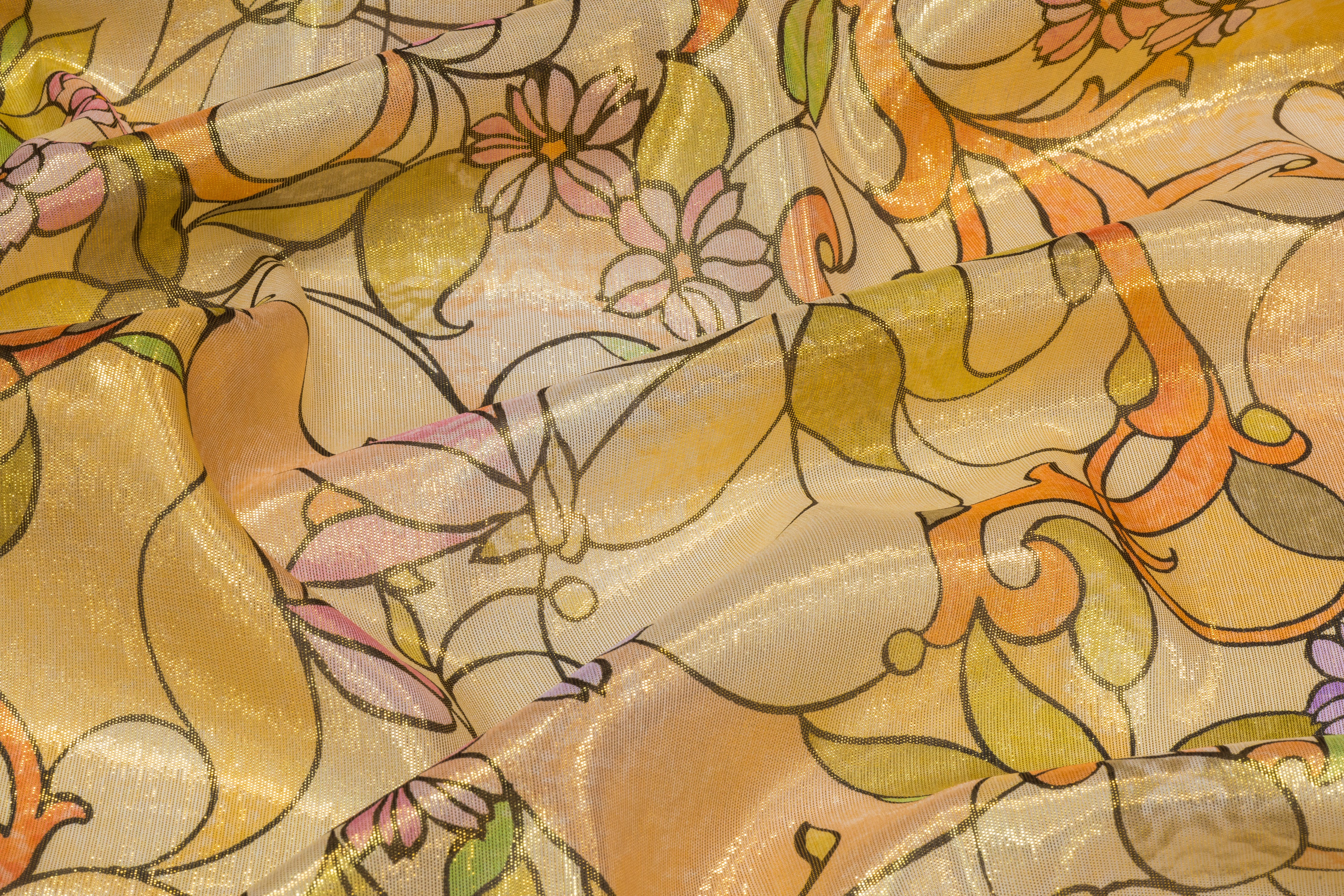 Retro Floral Metallic Silk Chiffon Lamé - Gold / Peach / Lavender / Green