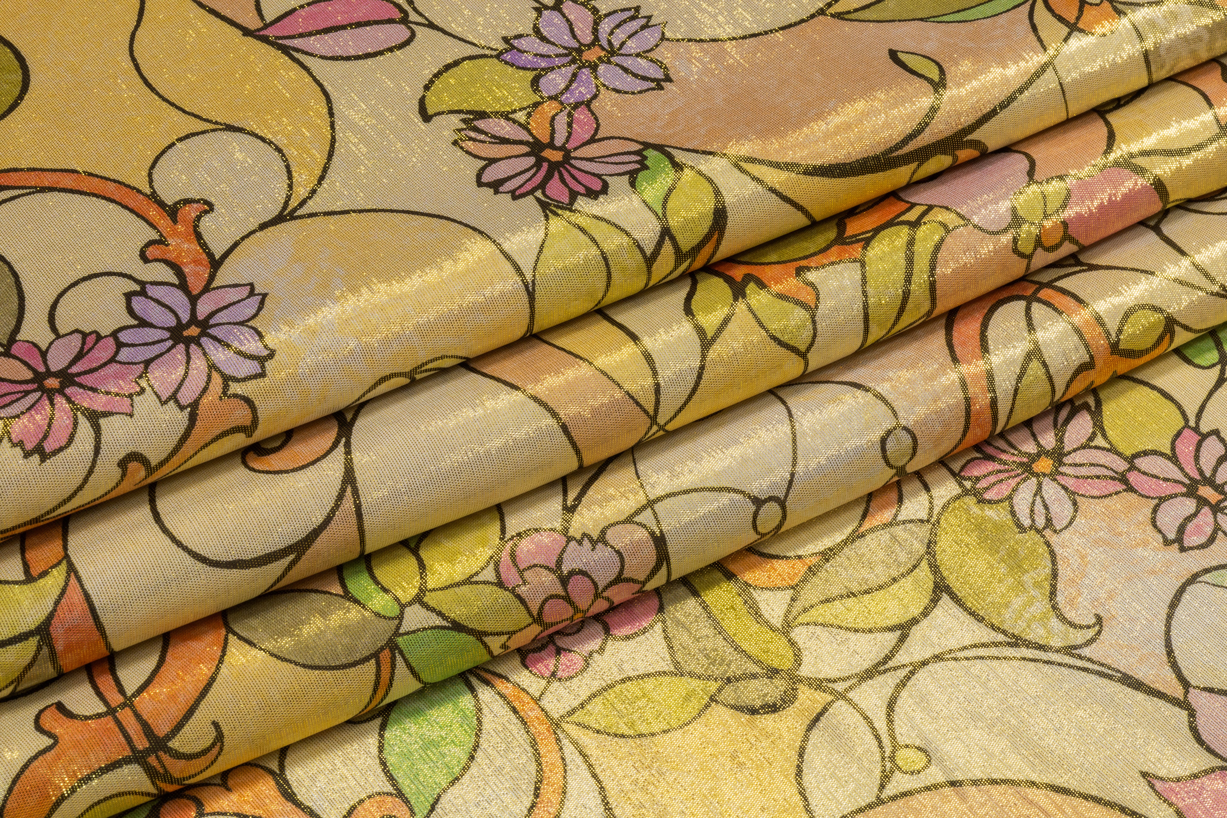 Retro Floral Metallic Silk Chiffon Lamé - Gold / Peach / Lavender / Green