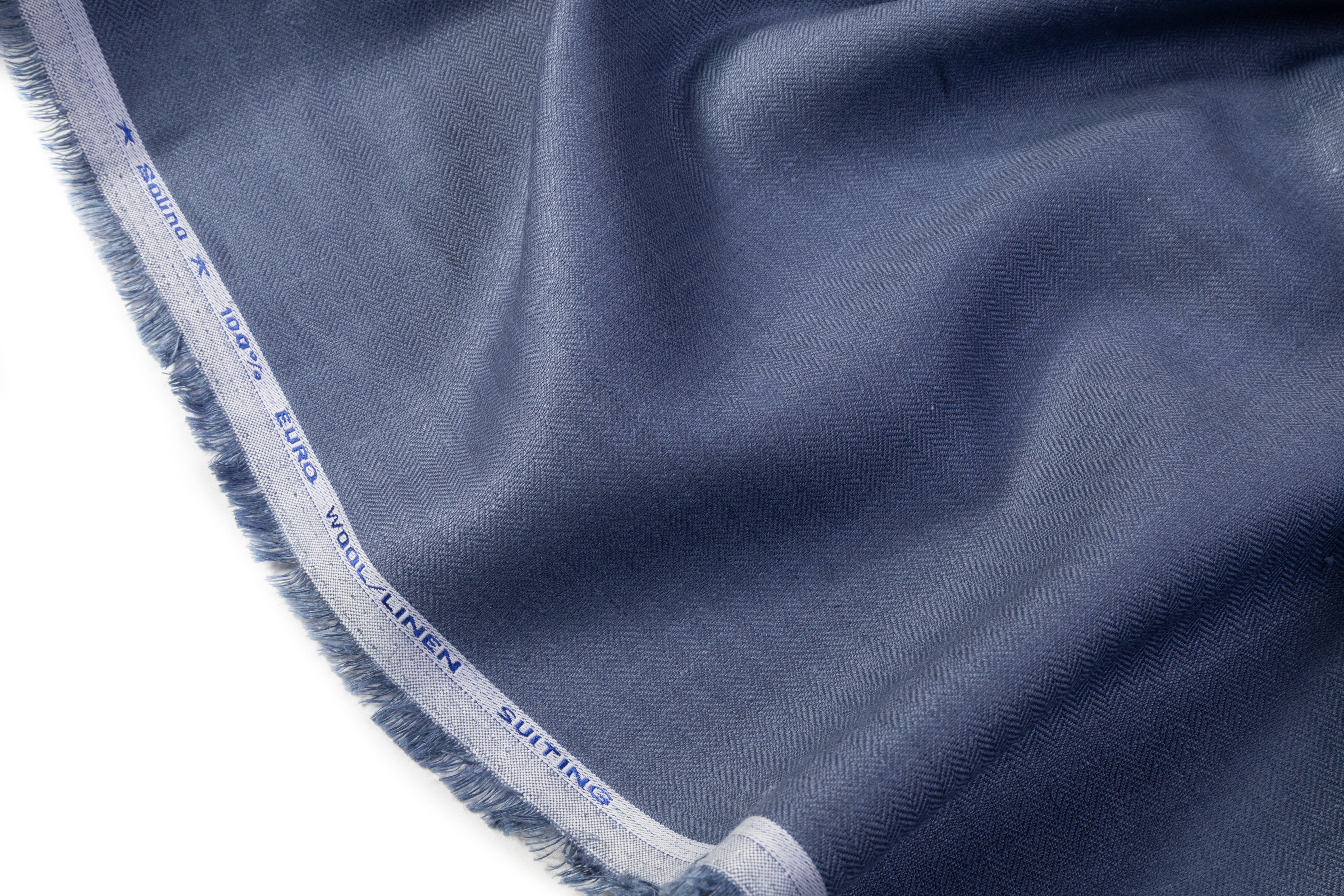 Herringbone Italian Wool Linen Suiting - Dusty Blue