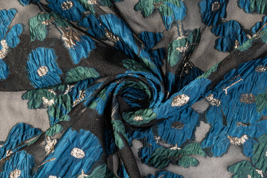 Floral Metallic Organza Burnout Brocade - Teal / Blue / Black