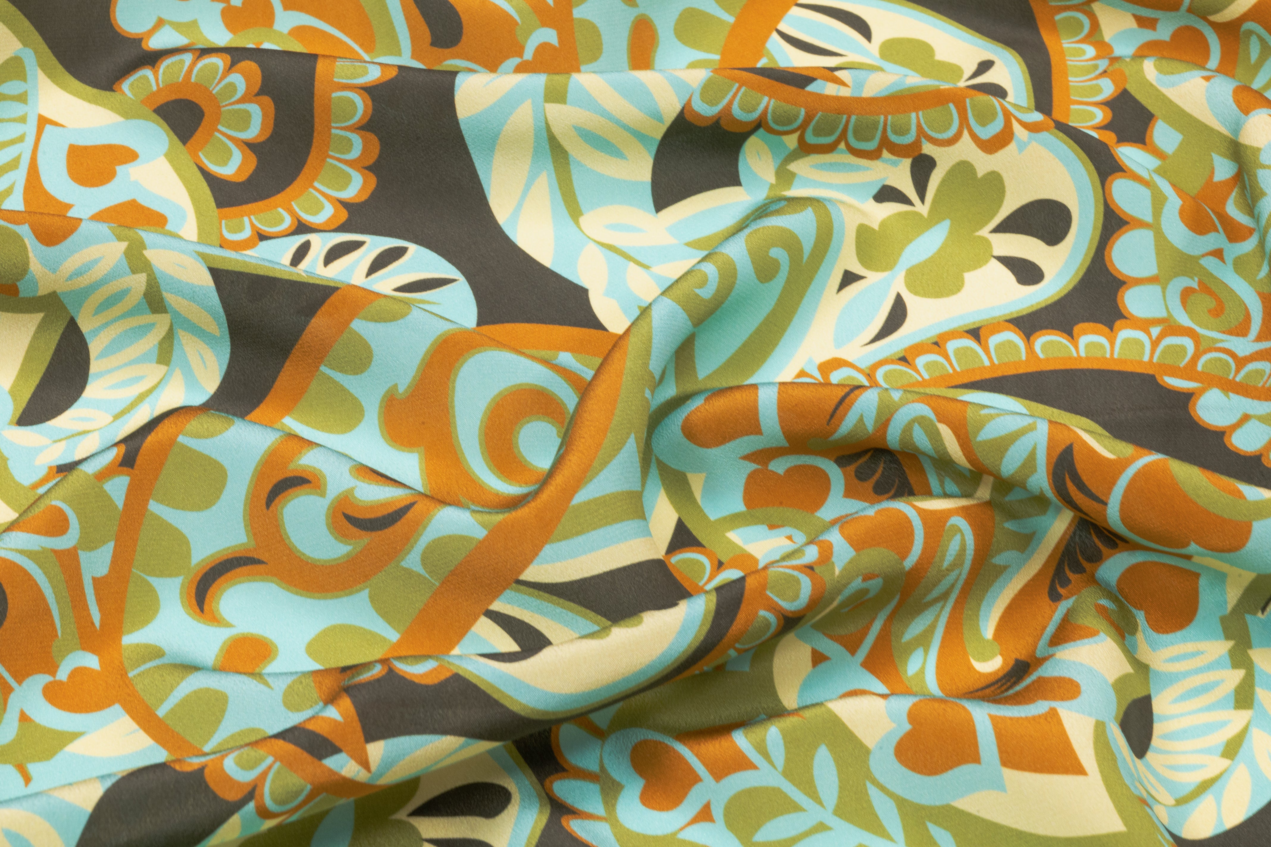 Paisley Italian Silk Crepe de Chine - Aqua / Olive / Burnt Orange