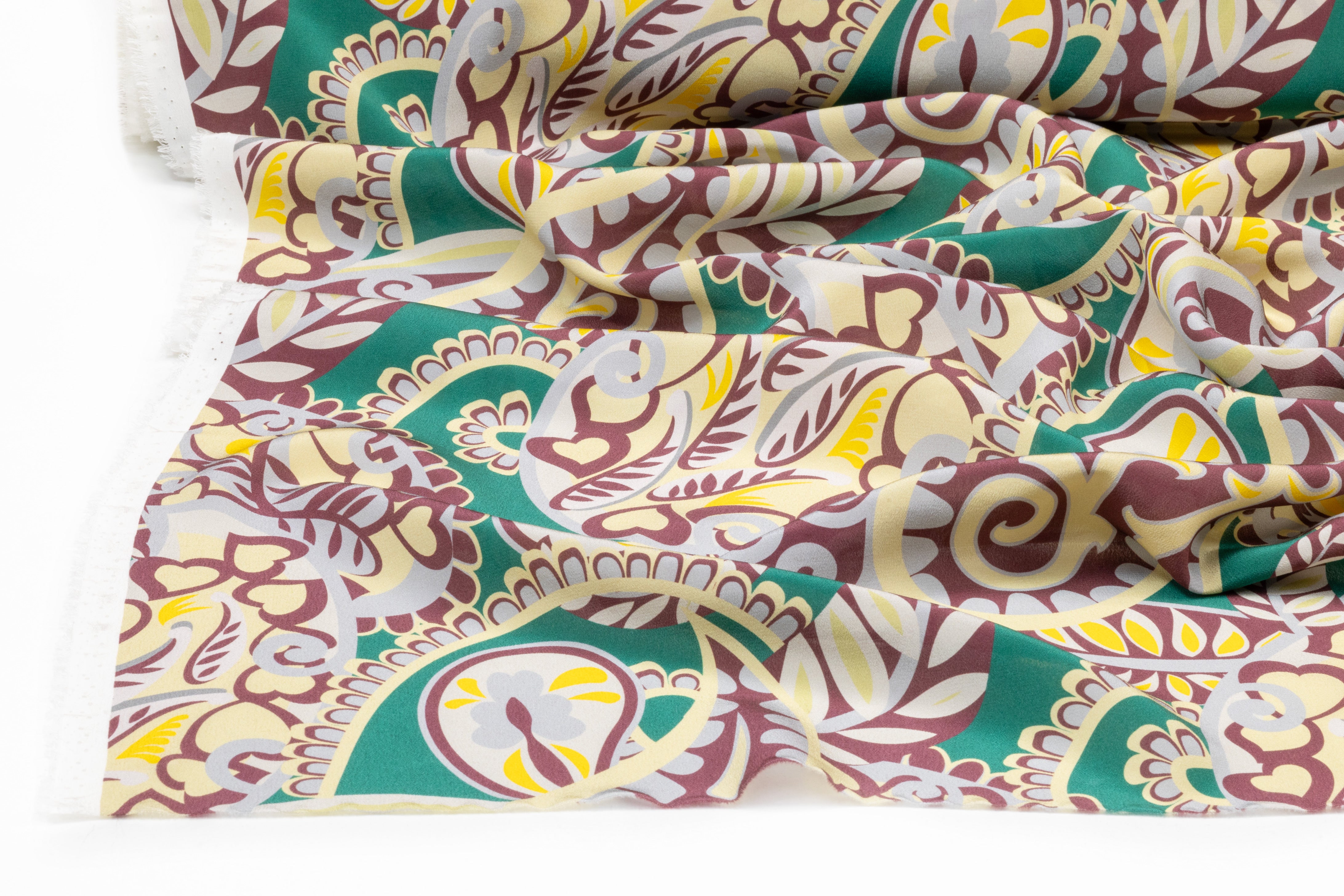 Paisley Italian Silk Crepe de Chine - Green / Burgundy / Cream