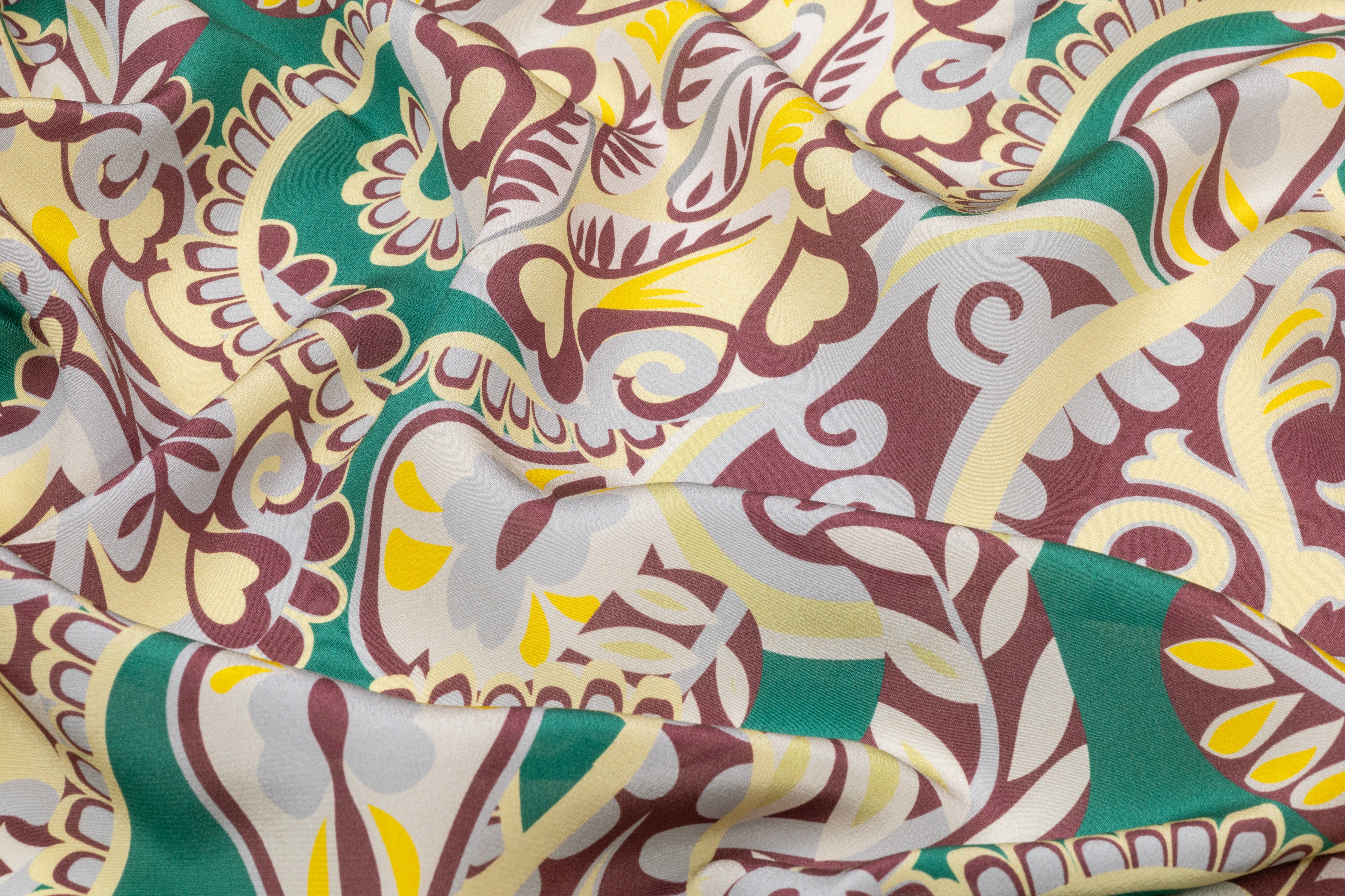 Paisley Italian Silk Crepe de Chine - Green / Burgundy / Cream