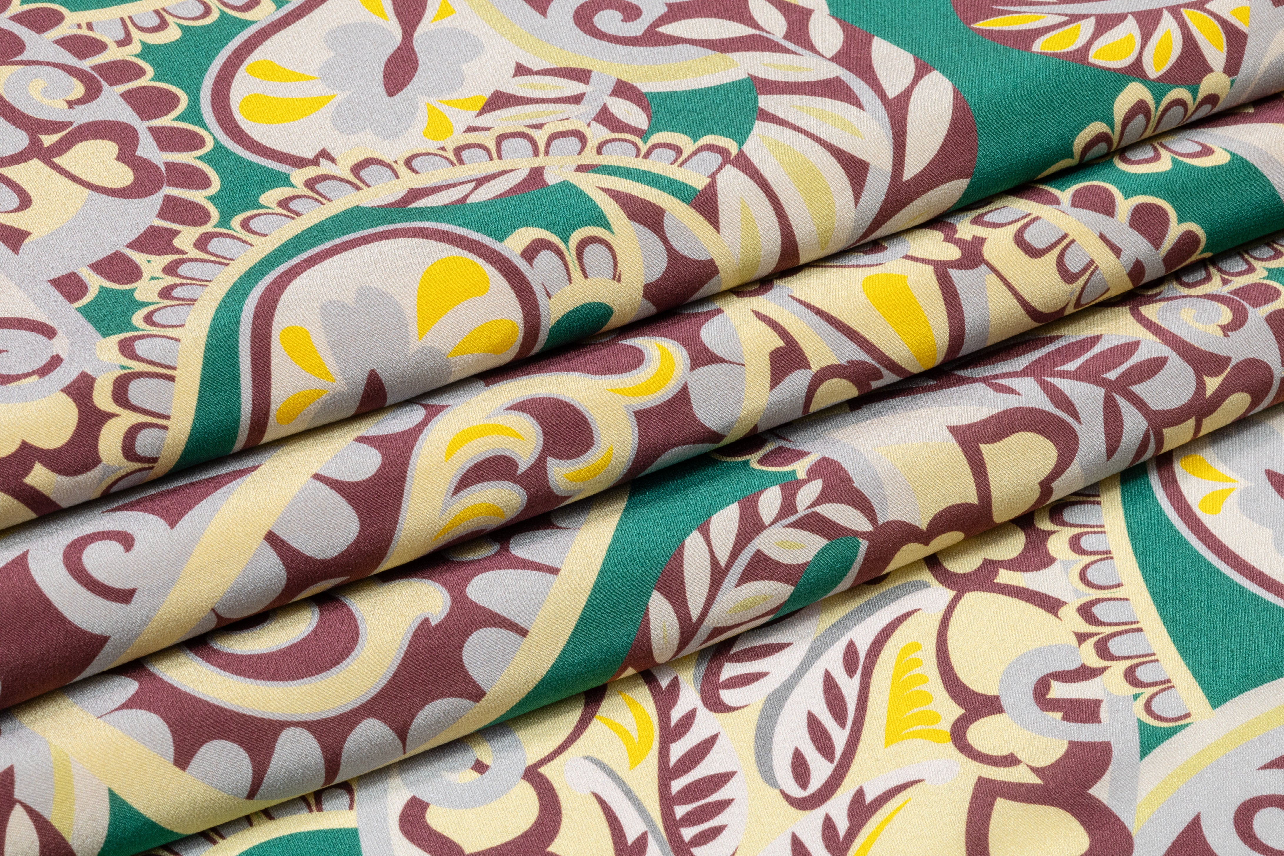 Paisley Italian Silk Crepe de Chine - Green / Burgundy / Cream