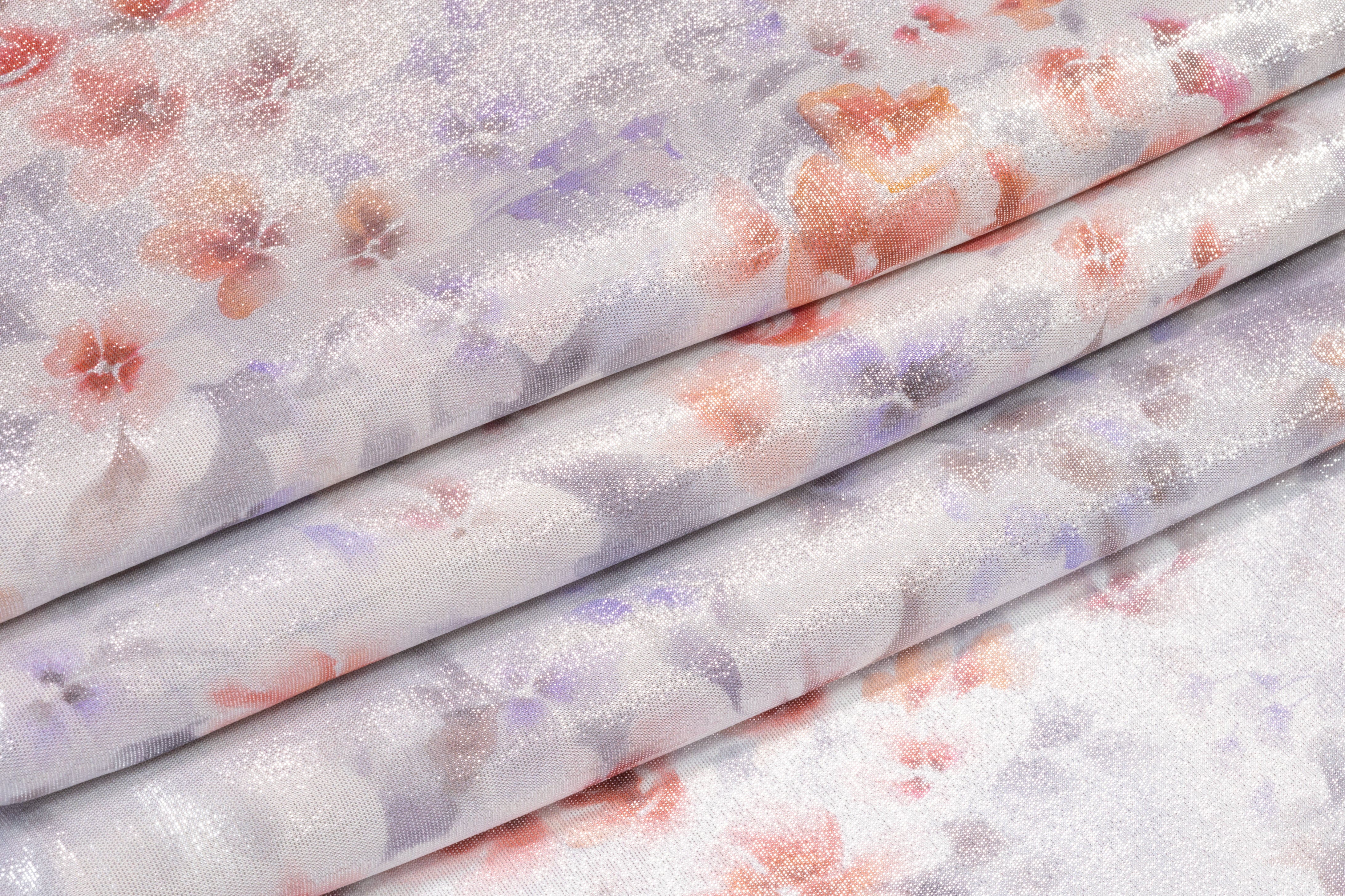 Floral Metallic Silk Chiffon Lamé - Silver / Coral Red / Lavender