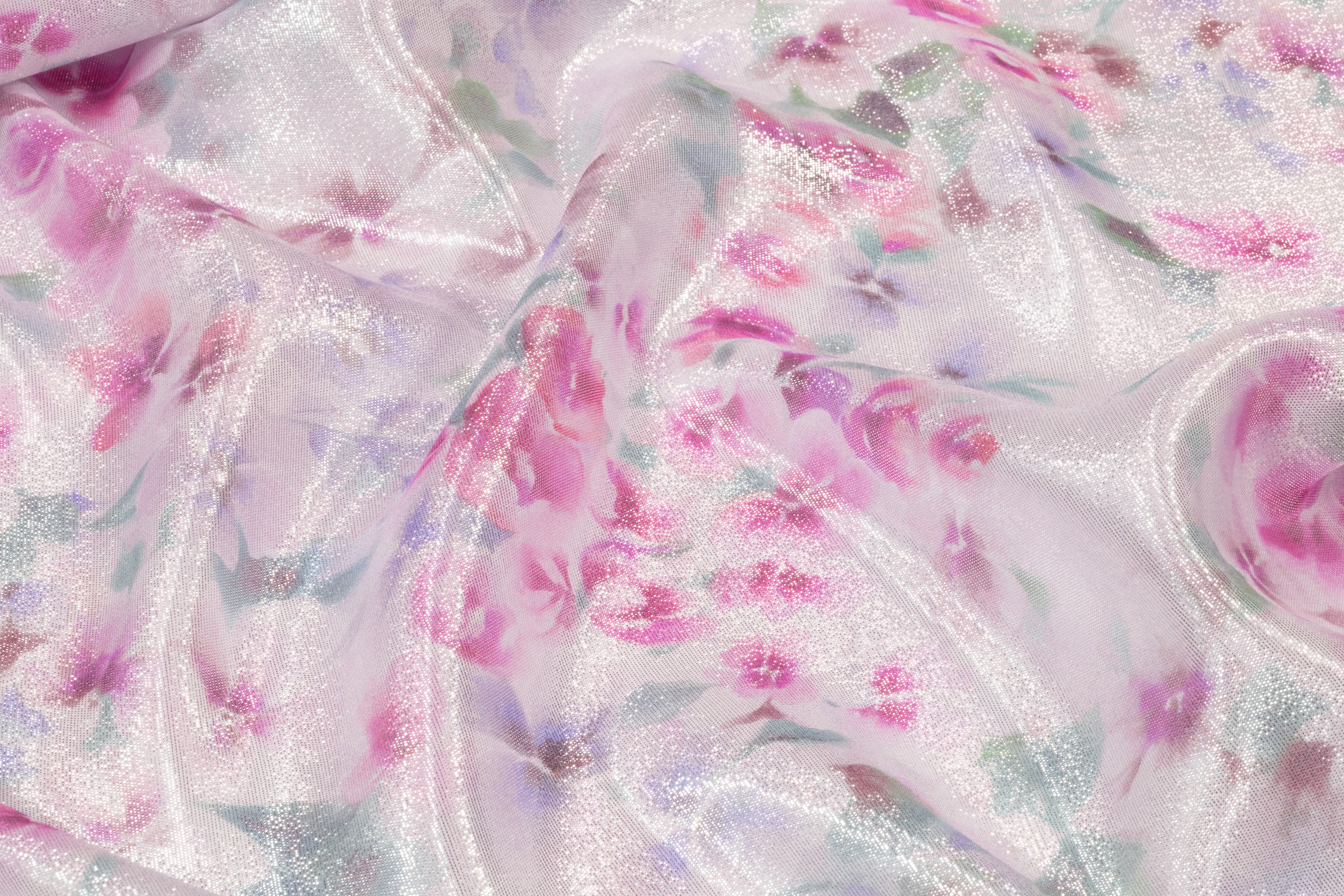 Floral Metallic Silk Chiffon Lamé - Pink / Green / Silver