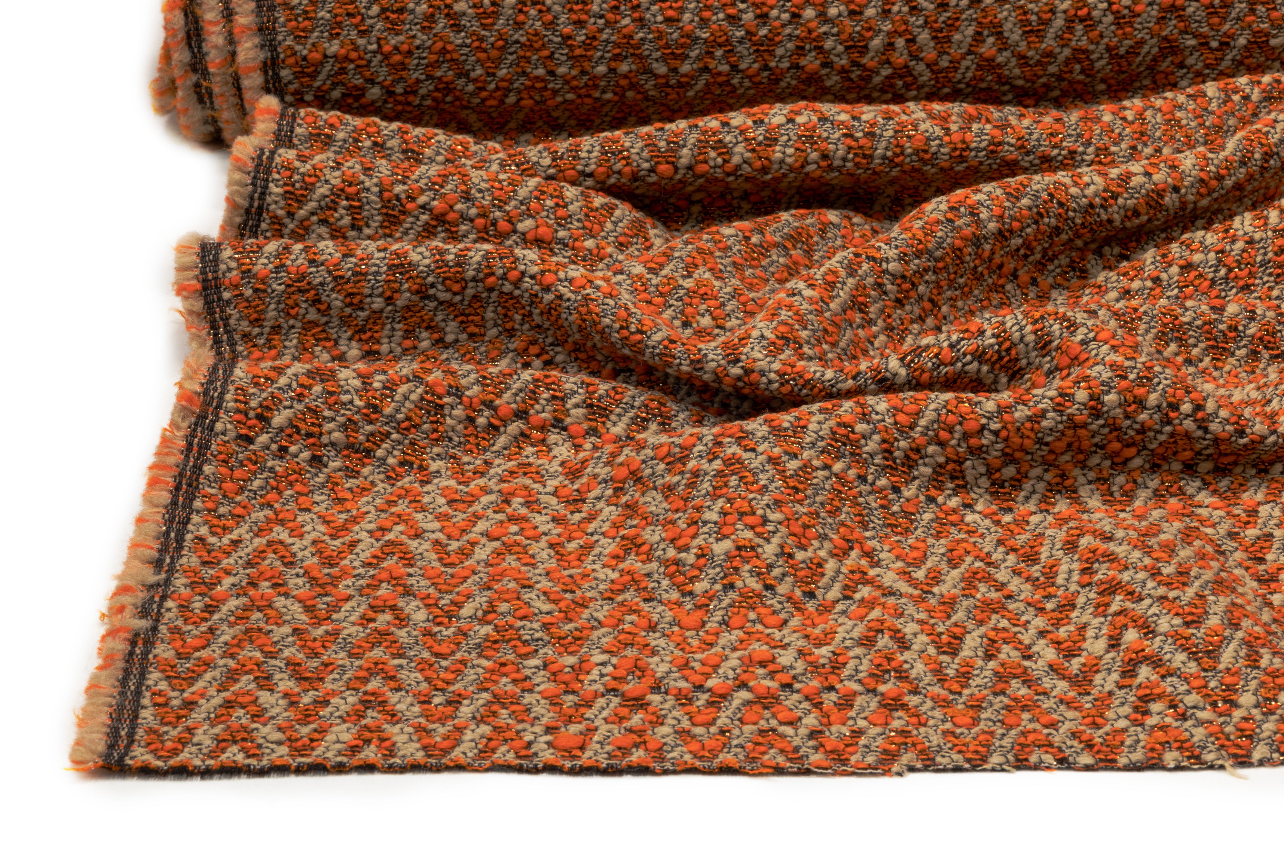 Chevron Metallic Italian Wool Tweed - Orange / Taupe