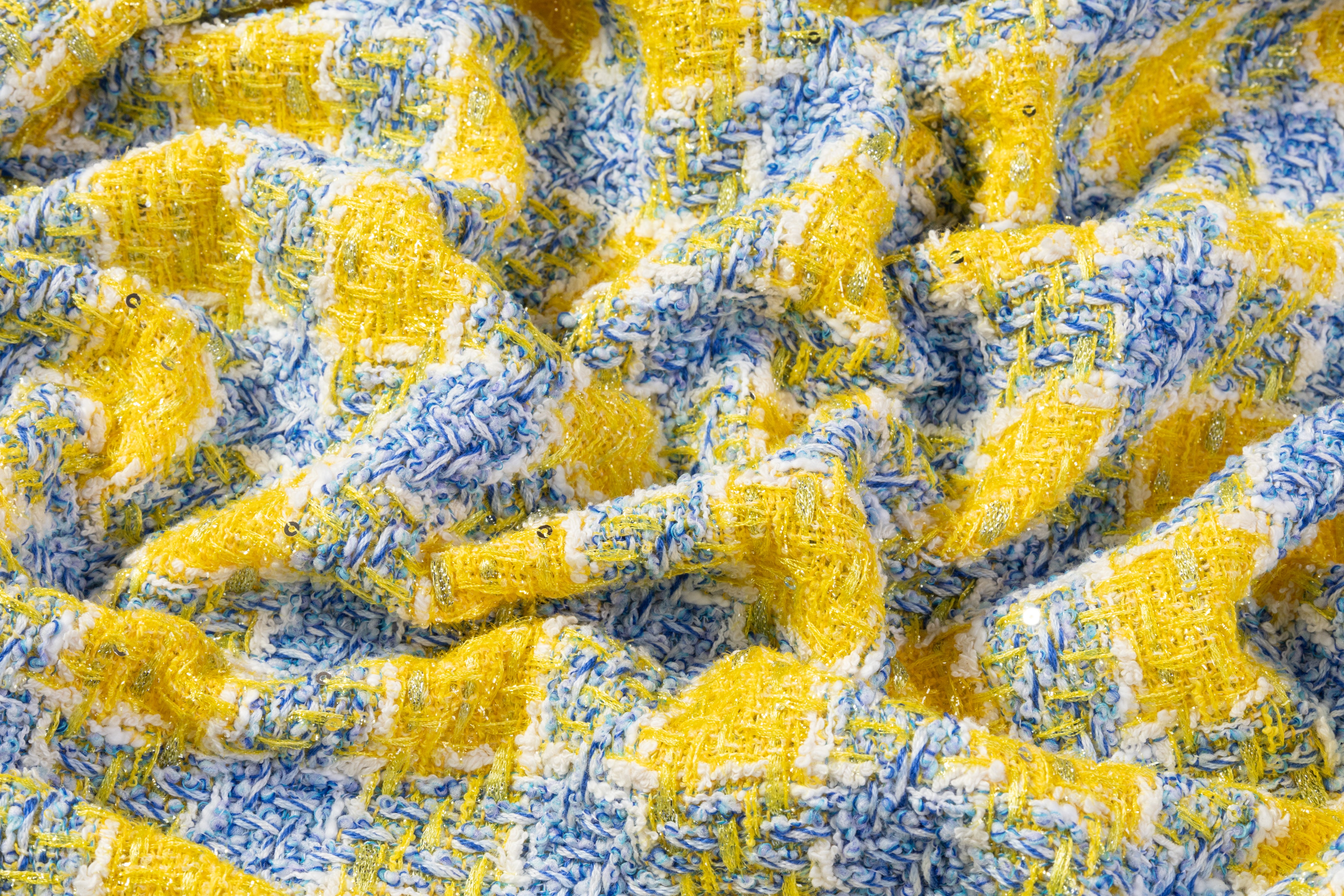 Metallic Italian Cotton Blend Tweed Boucle - Yellow / Blue / White