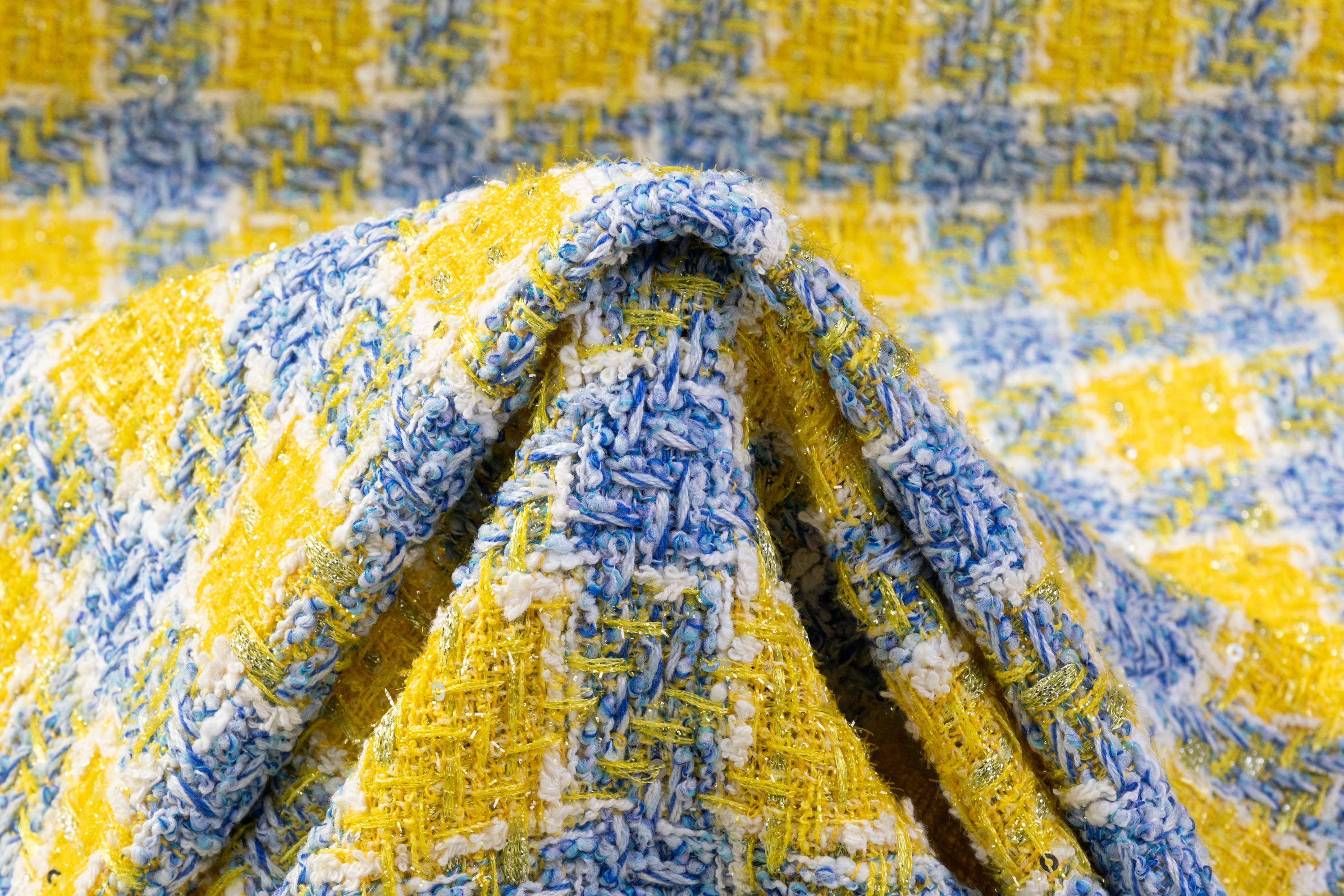 Metallic Italian Cotton Blend Tweed Boucle - Yellow / Blue / White