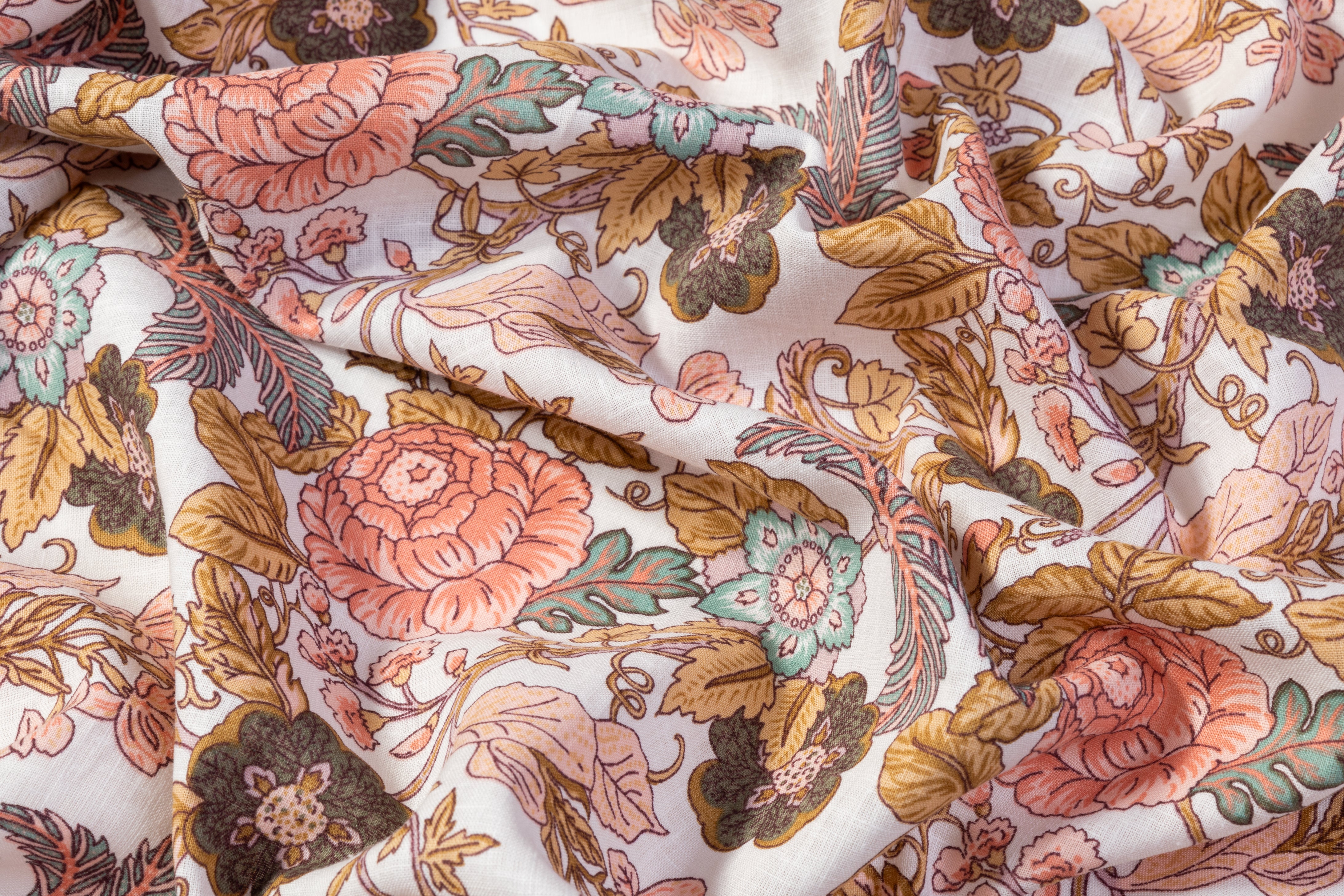 Floral Italian Handkerchief Linen - Blush / Green / Brown