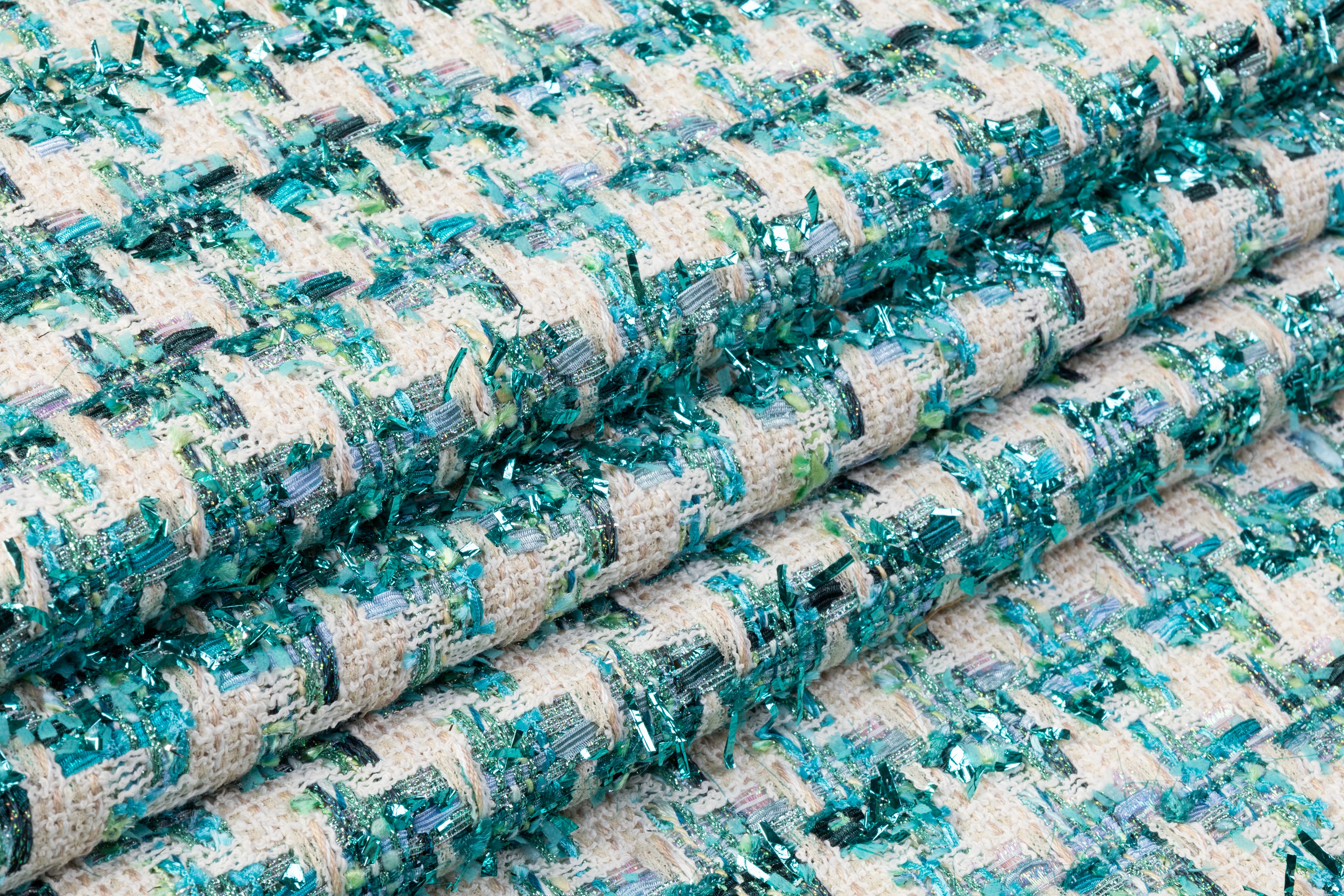 Houndstooth Metallic Cotton Blend Italian Tweed - Teal / Cream