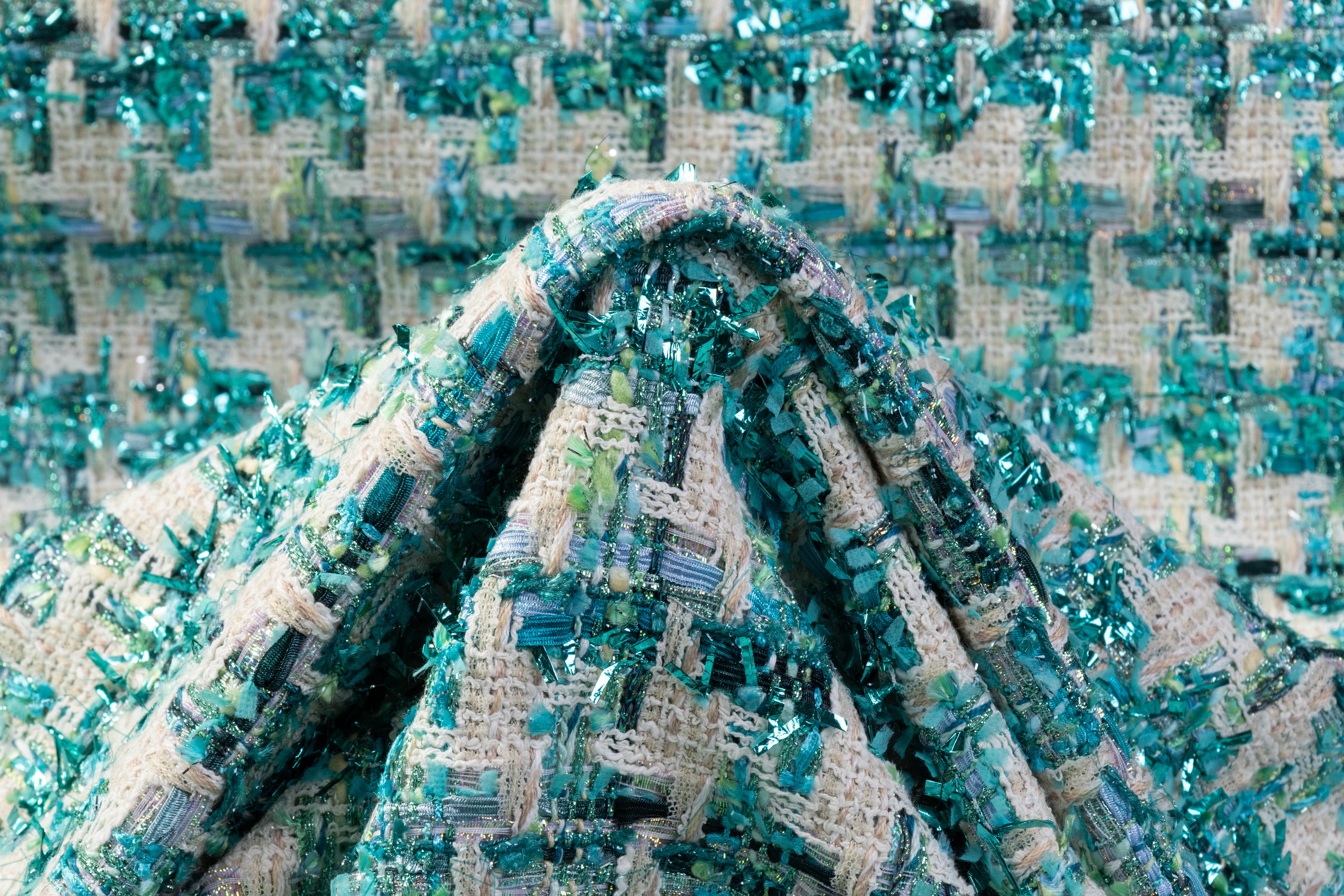 Houndstooth Metallic Cotton Blend Italian Tweed - Teal / Cream