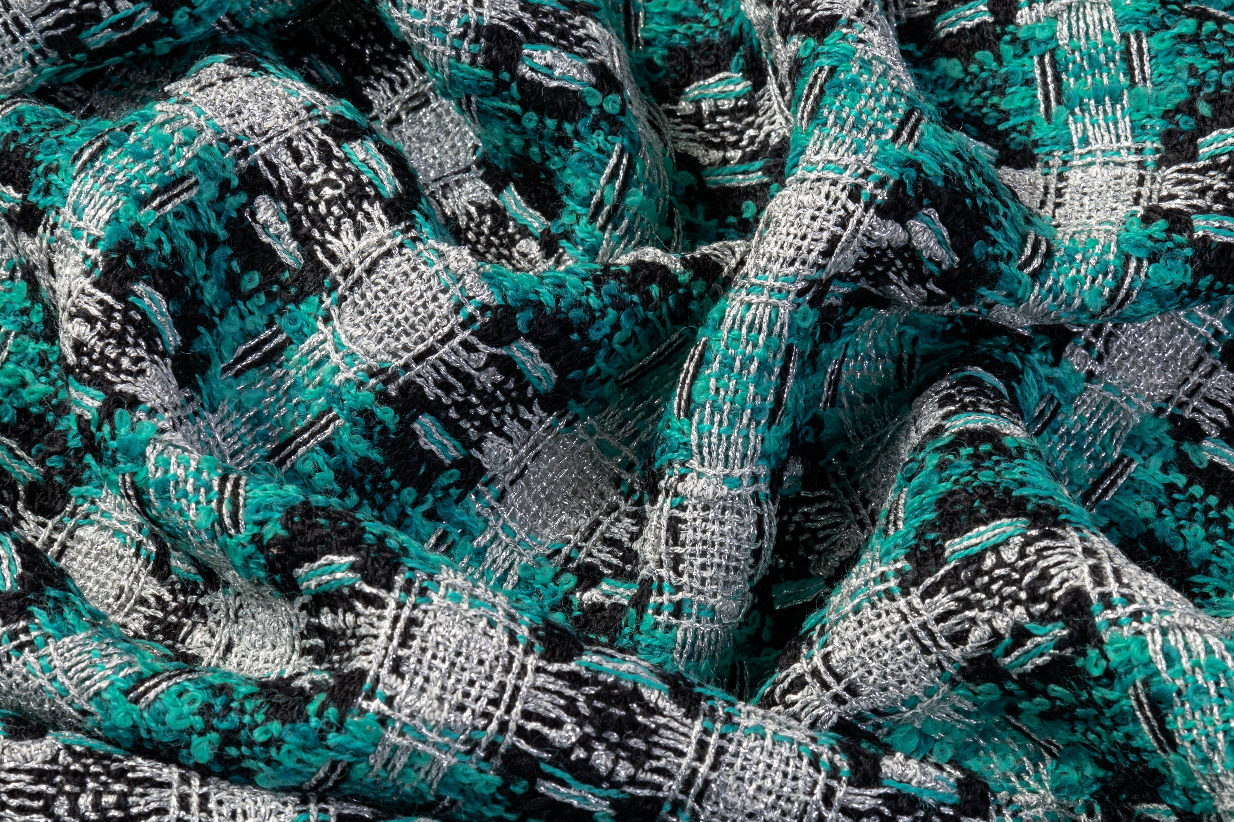 Metallic Italian Wool Blend Tweed Boucle - Teal / Silver / Black