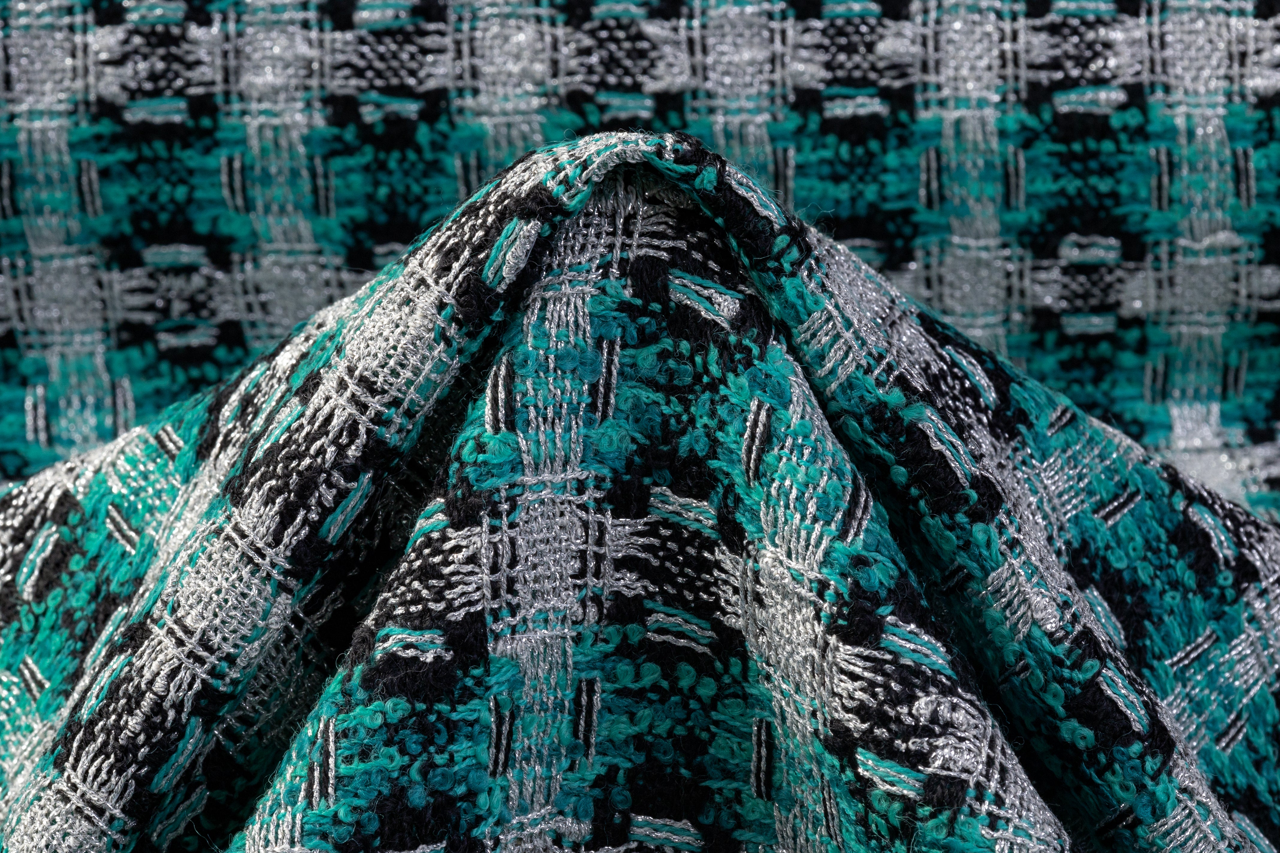 Metallic Italian Wool Blend Tweed Boucle - Teal / Silver / Black