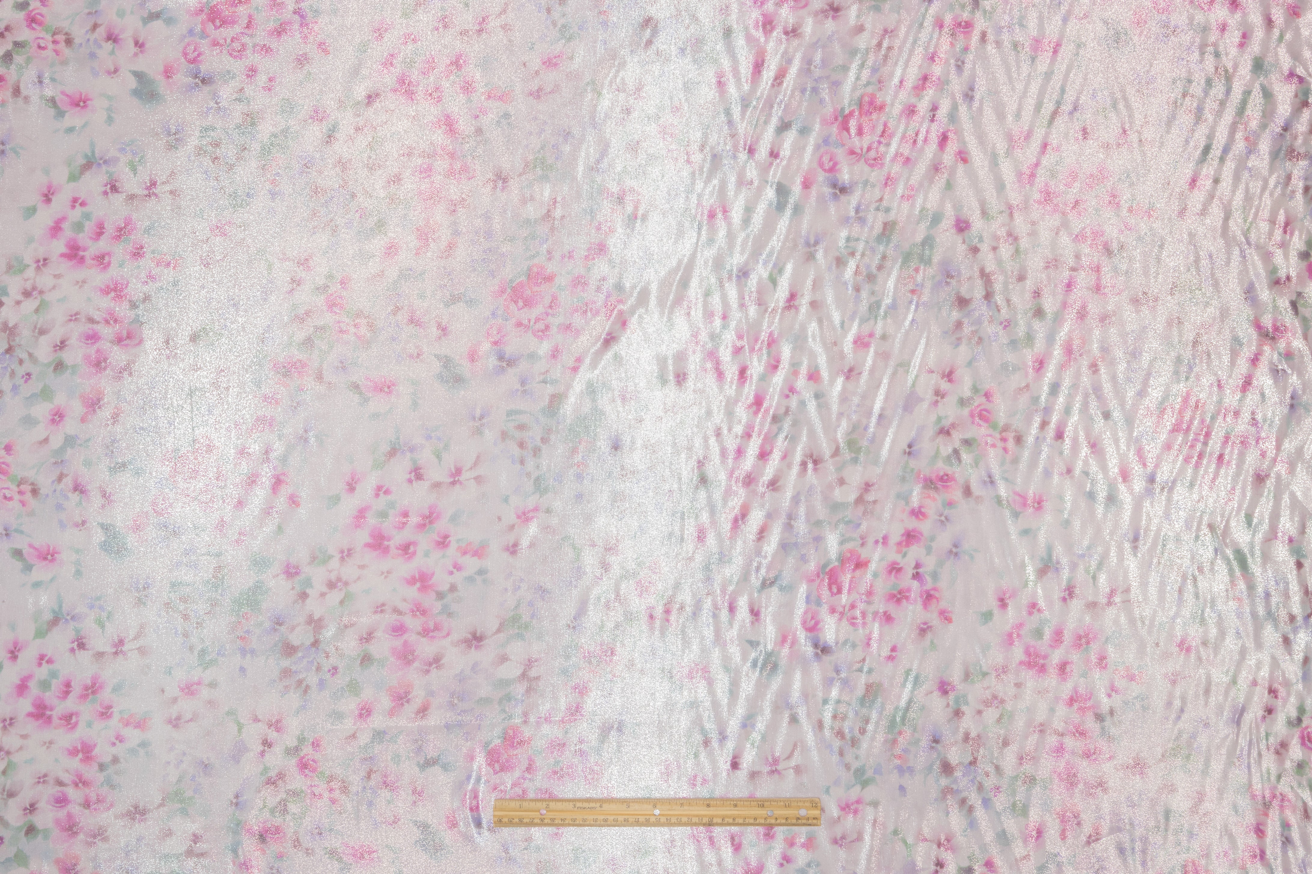 Floral Metallic Silk Chiffon Lamé - Pink / Green / Silver
