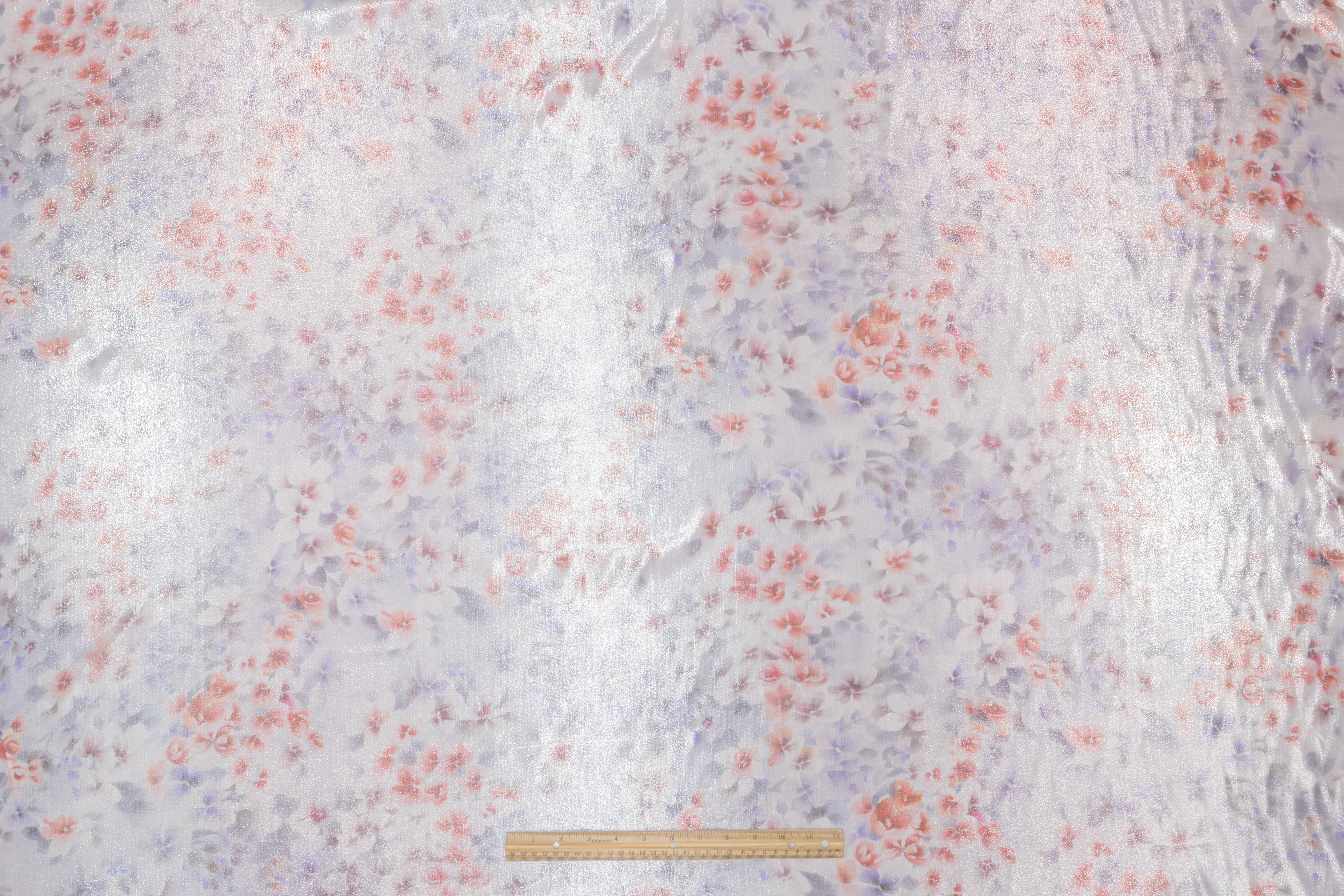 Floral Metallic Silk Chiffon Lamé - Silver / Coral Red / Lavender