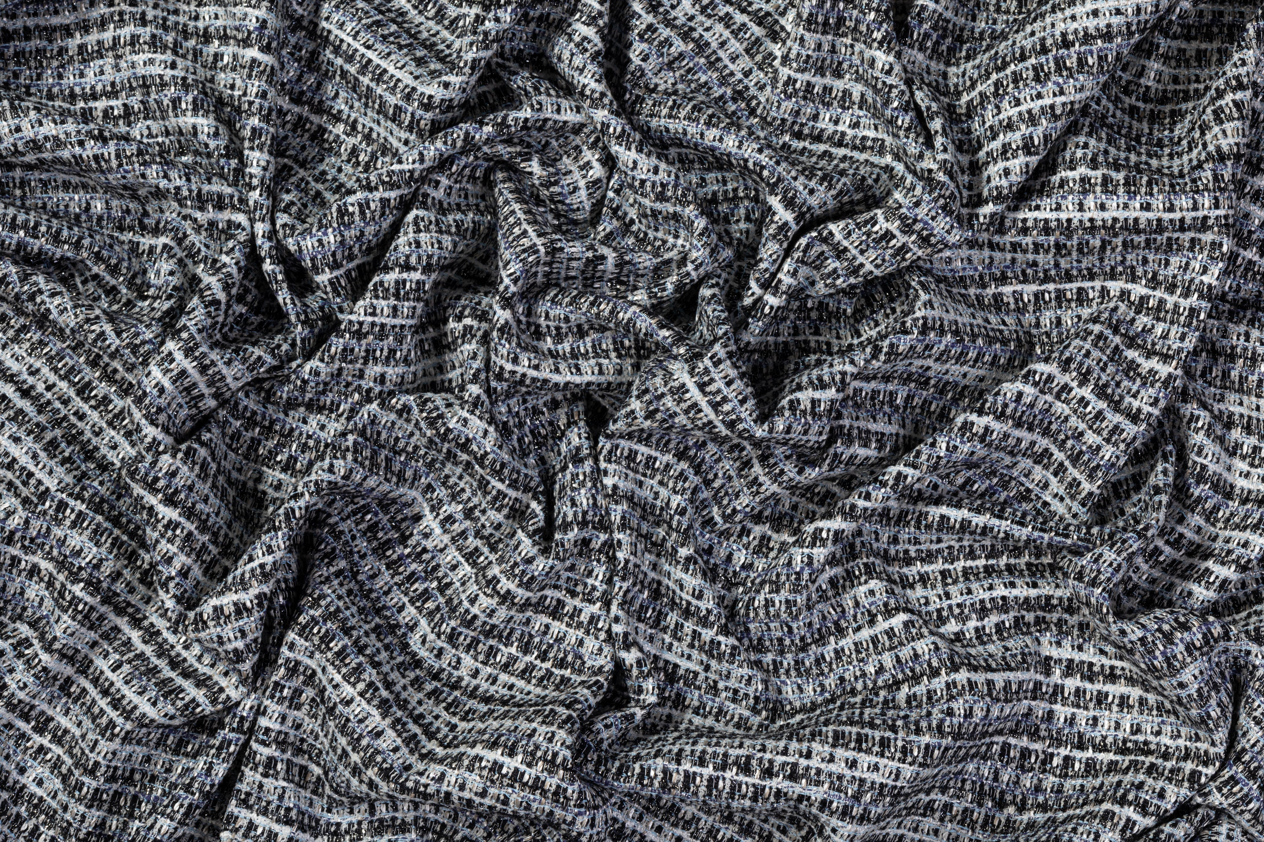 Metallic Italian Cotton Viscose Blend Tweed - Blue / White / Black / Silver