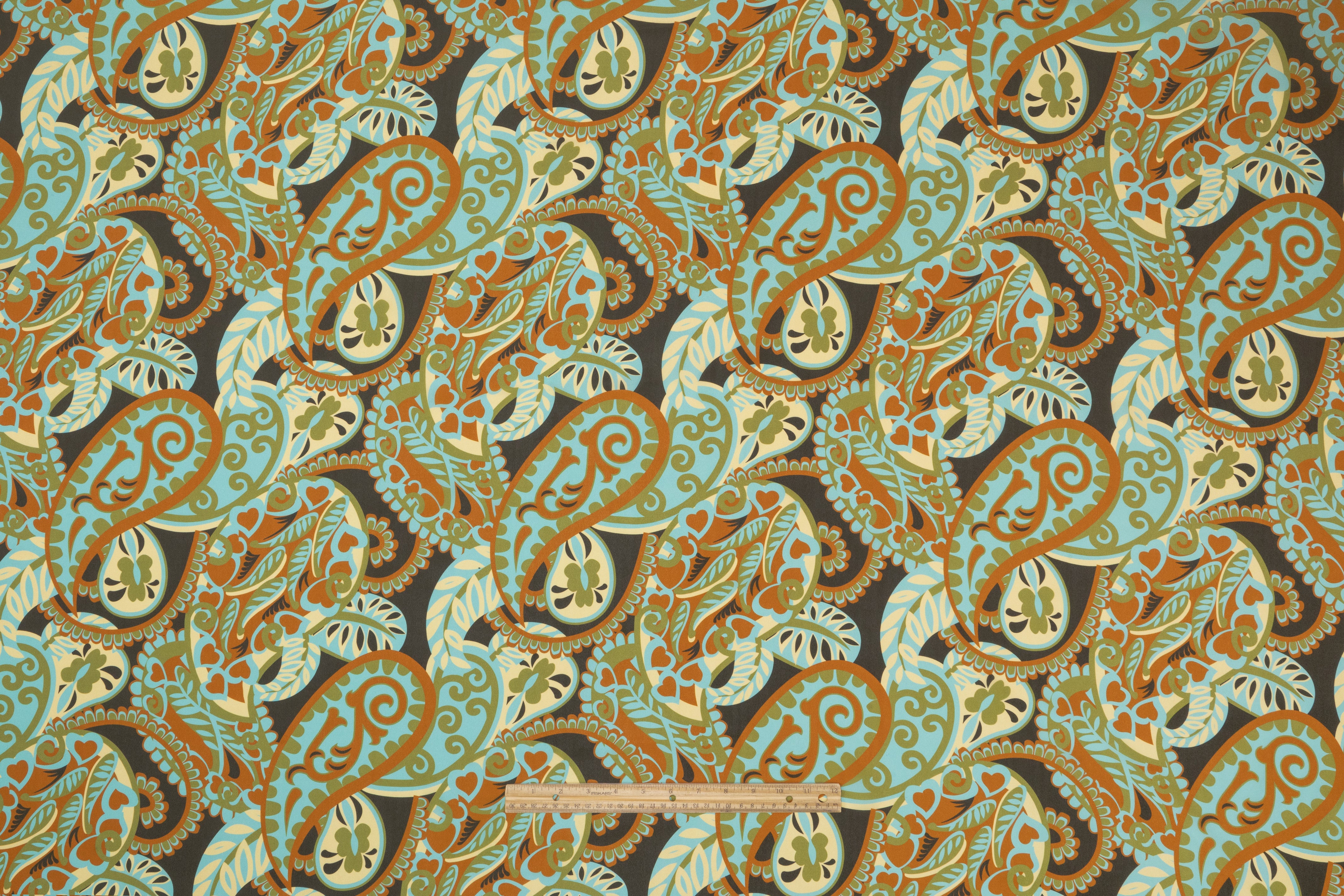 Paisley Italian Silk Crepe de Chine - Aqua / Olive / Burnt Orange