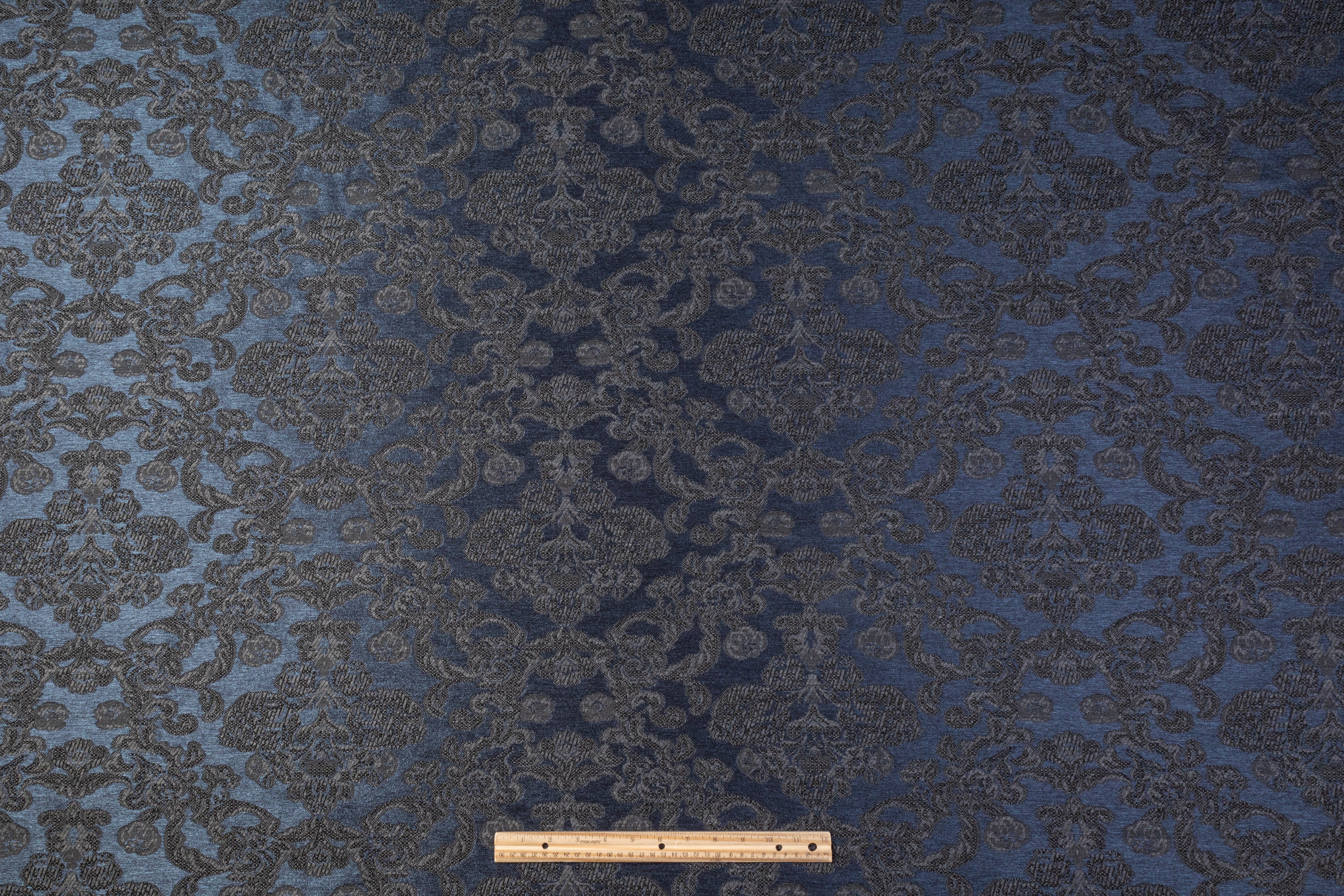 Damask Chenille Brocade - Blue / Gray
