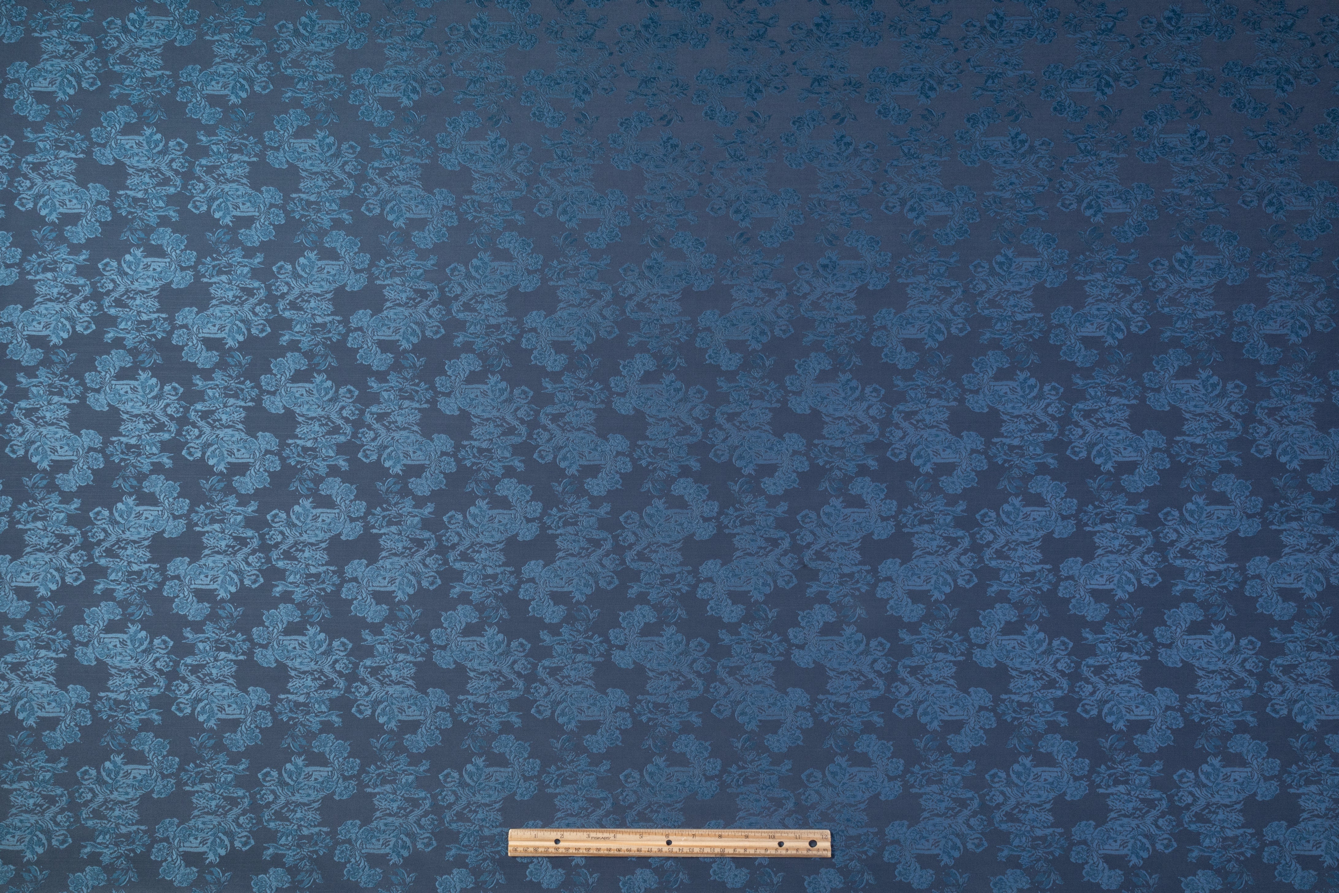 Floral Italian Silk Wool Blend Brocade - Blue