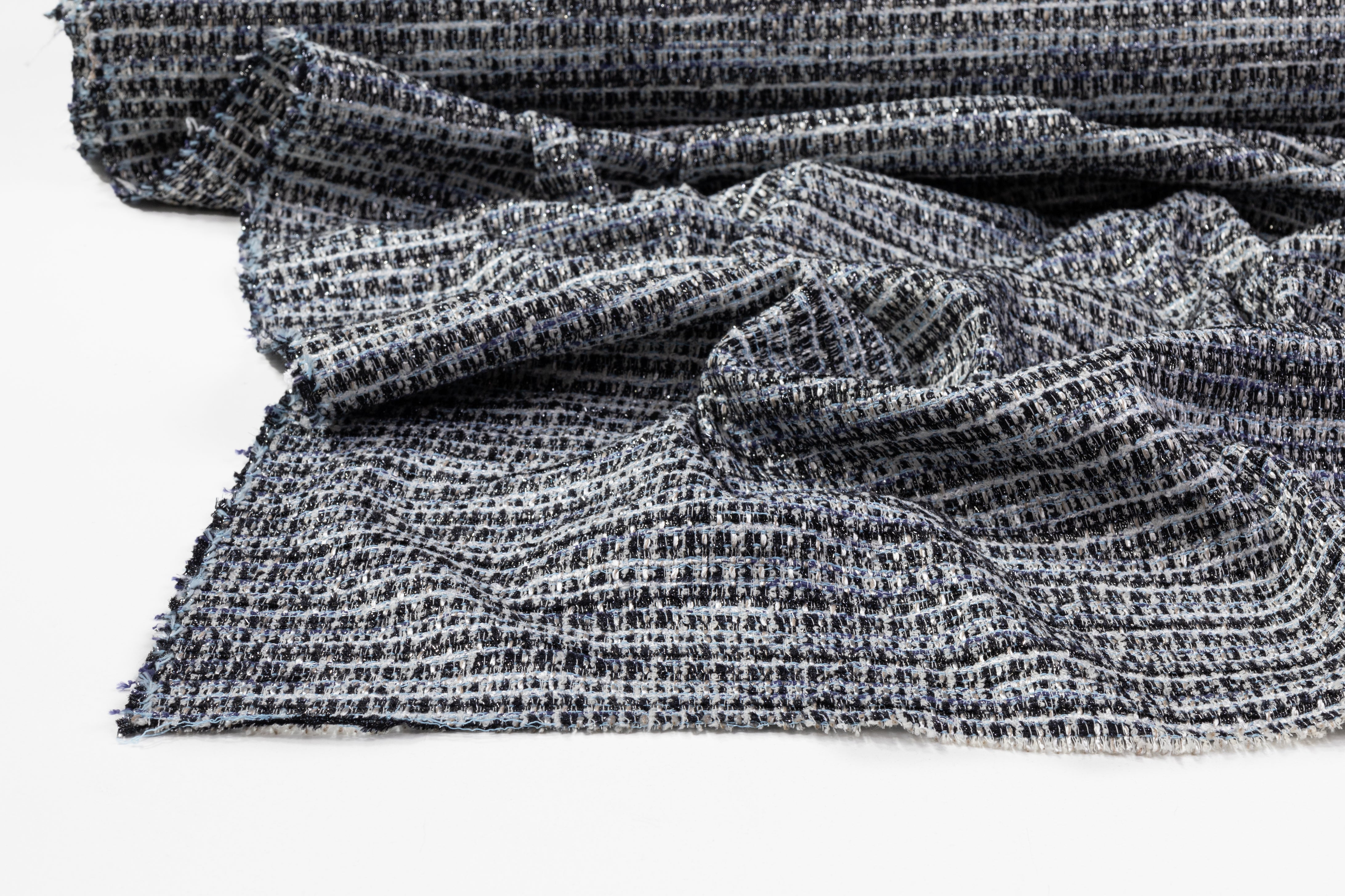 Metallic Italian Cotton Viscose Blend Tweed - Blue / White / Black / Silver