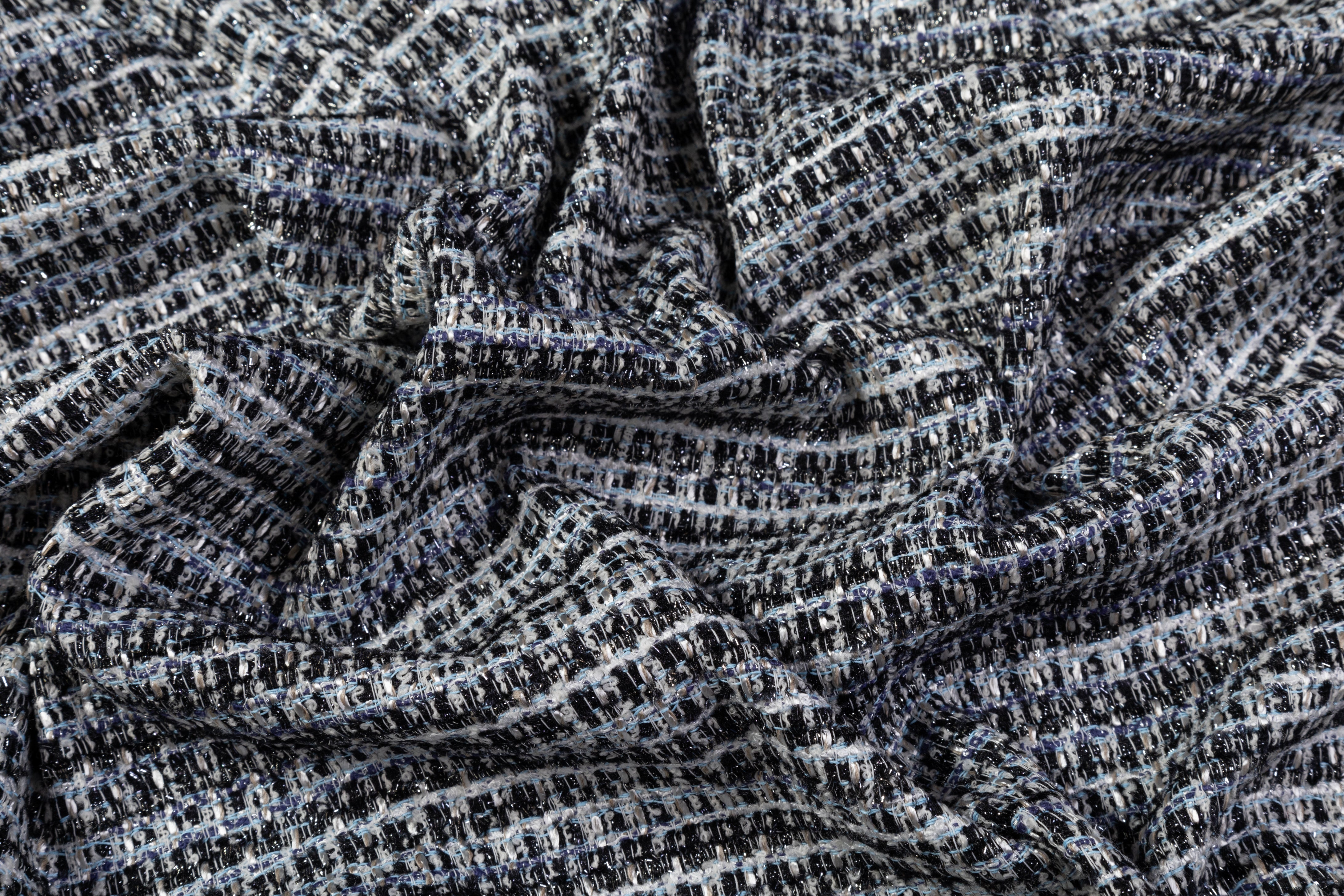Metallic Italian Cotton Viscose Blend Tweed - Blue / White / Black / Silver