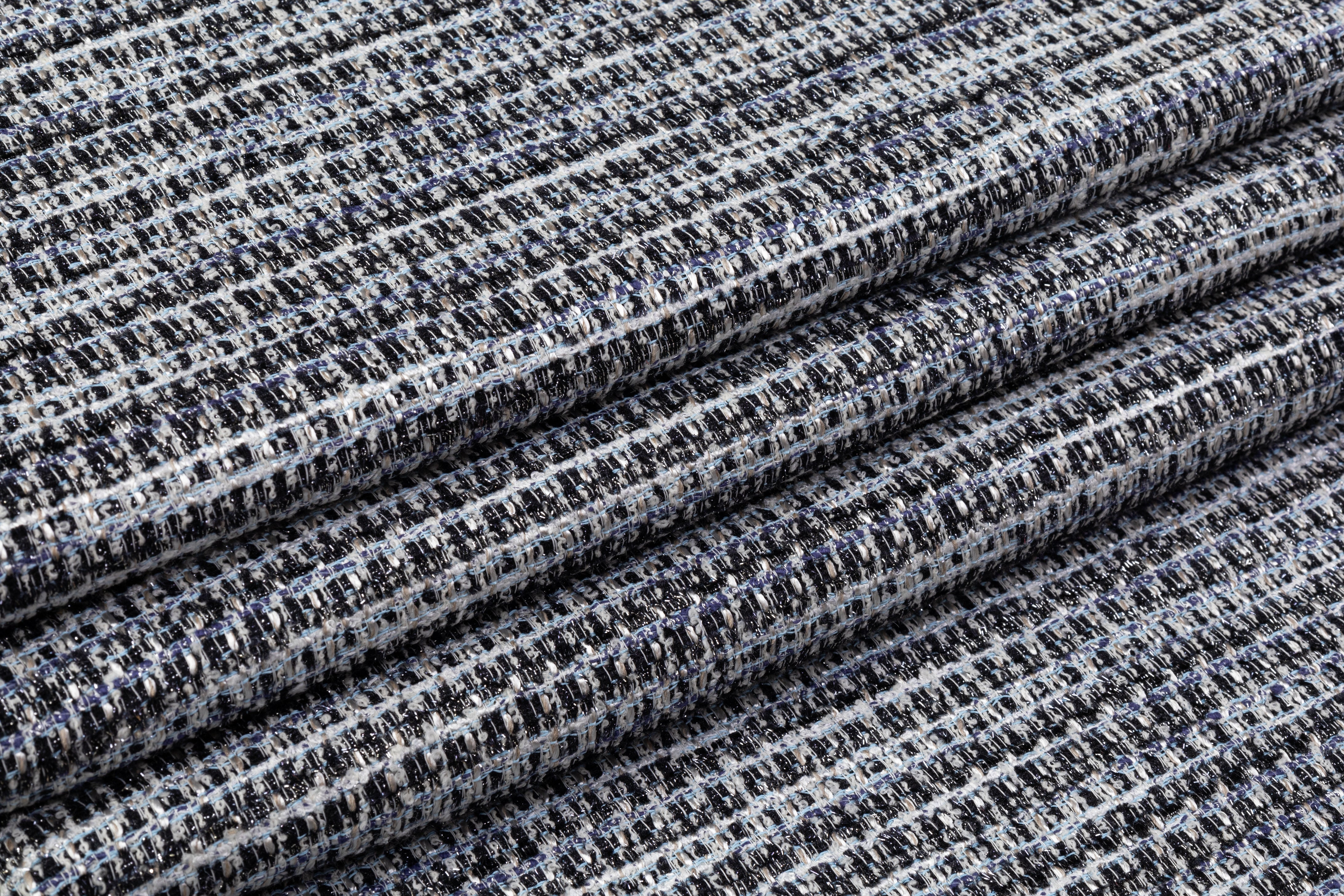 Metallic Italian Cotton Viscose Blend Tweed - Blue / White / Black / Silver