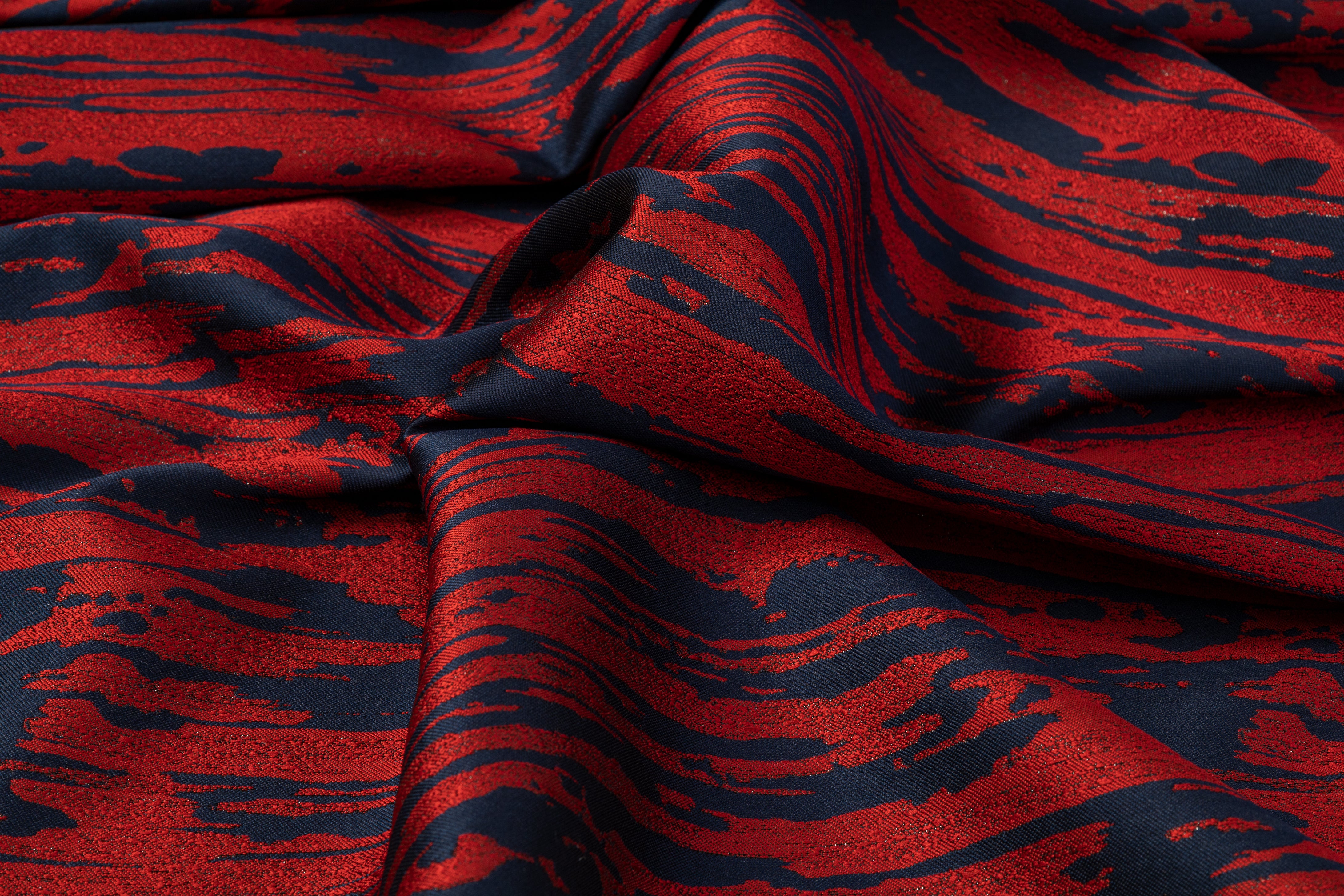Abstract Metallic Brocade - Navy / Red