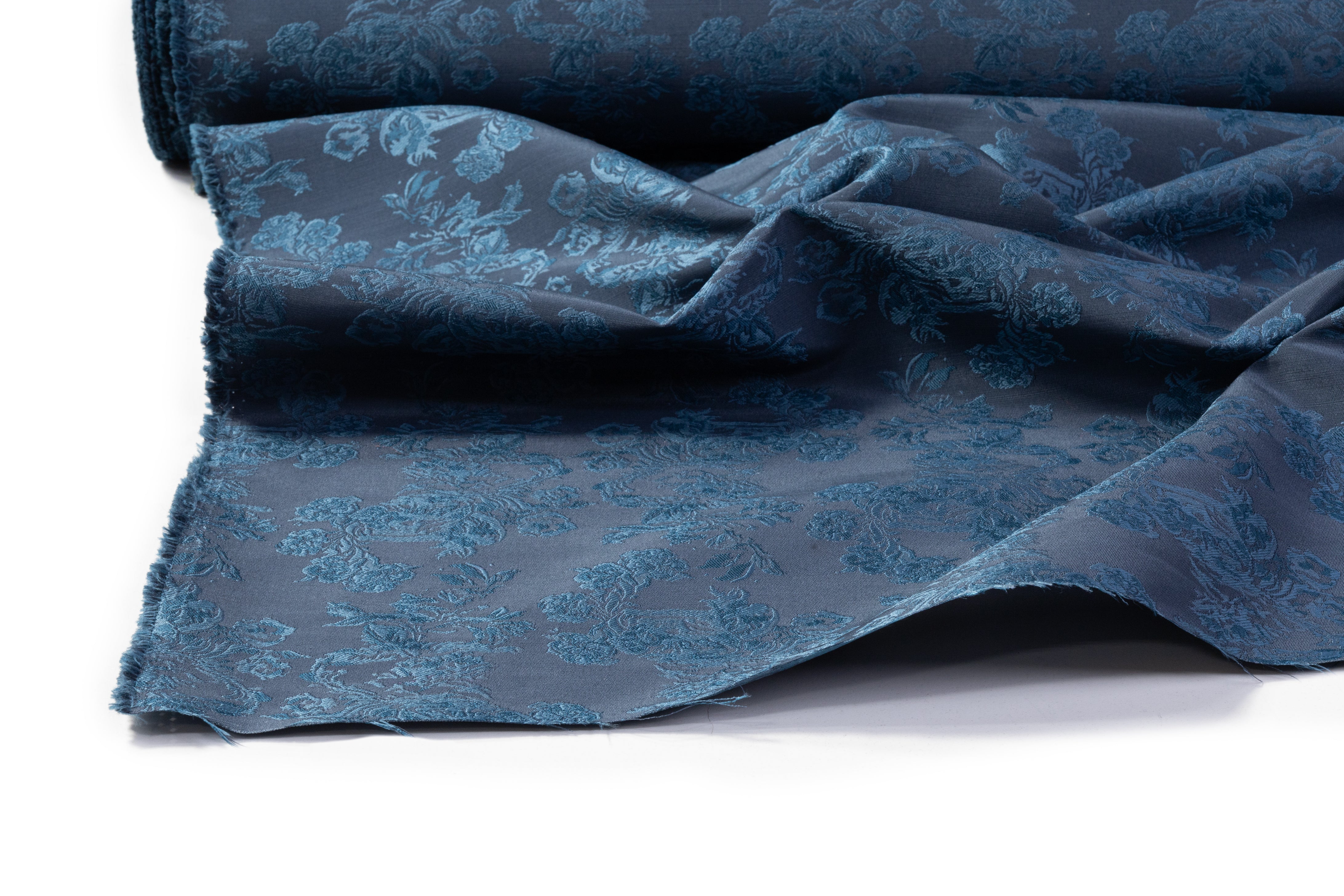 Floral Italian Silk Wool Blend Brocade - Blue