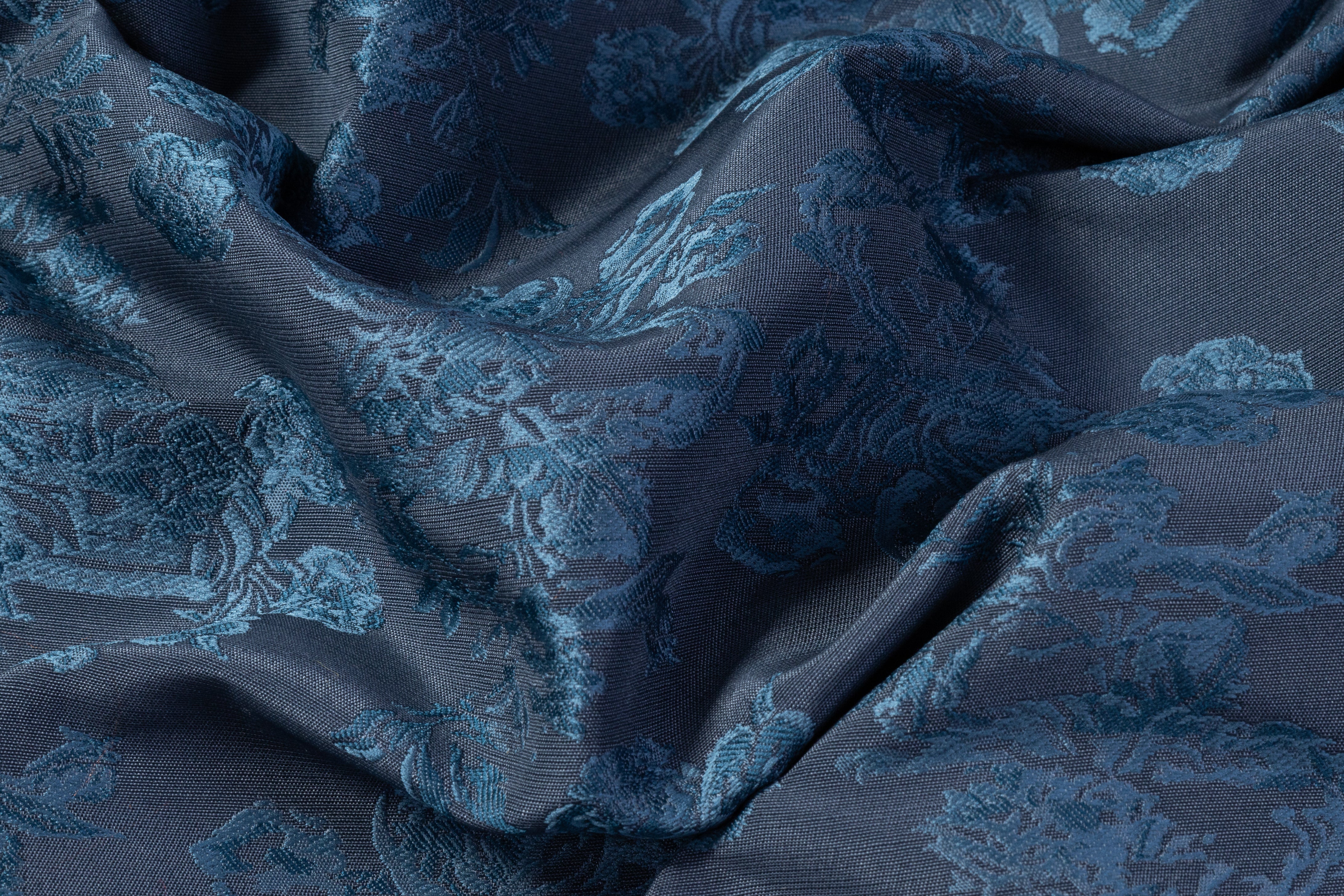 Floral Italian Silk Wool Blend Brocade - Blue