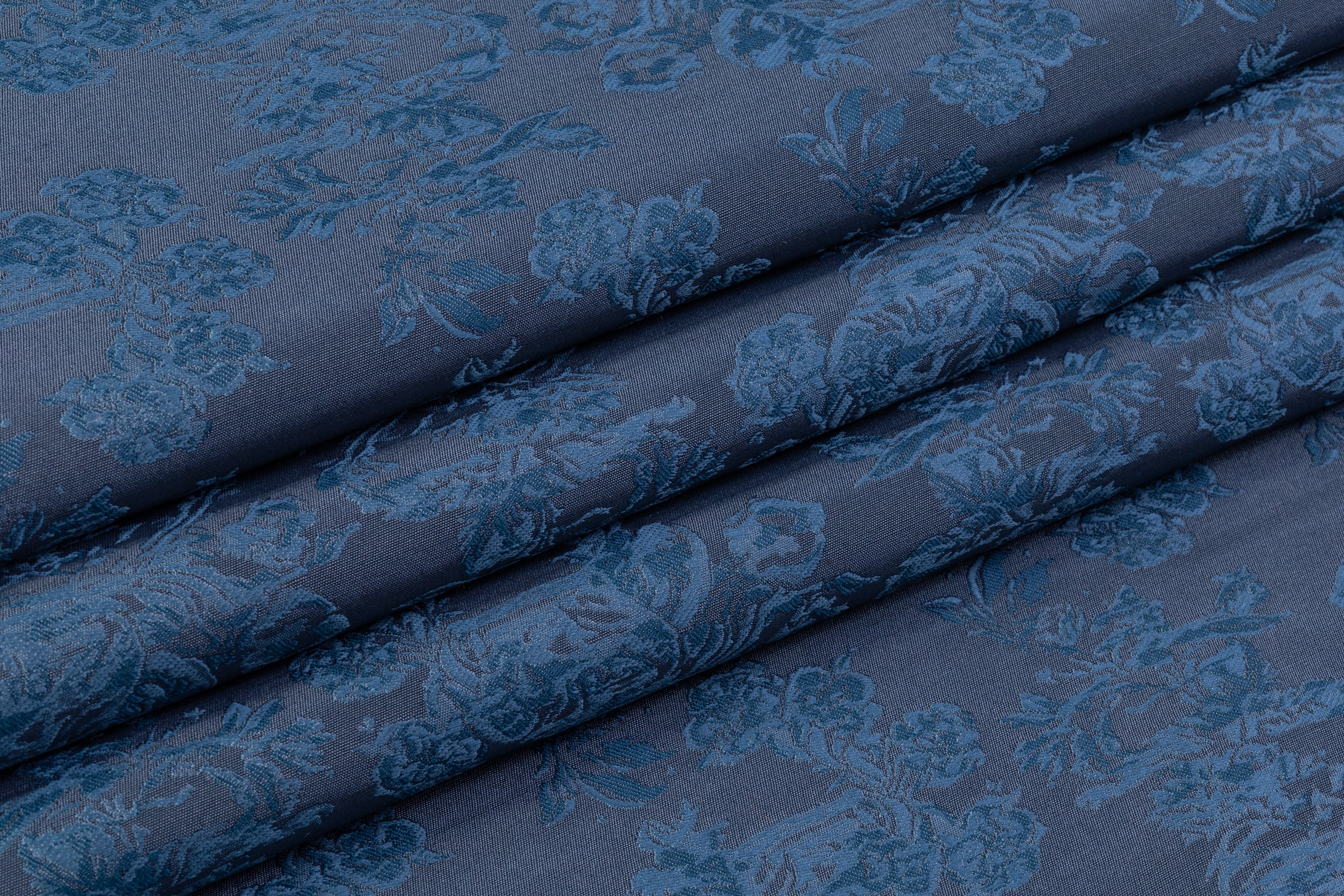 Floral Italian Silk Wool Blend Brocade - Blue
