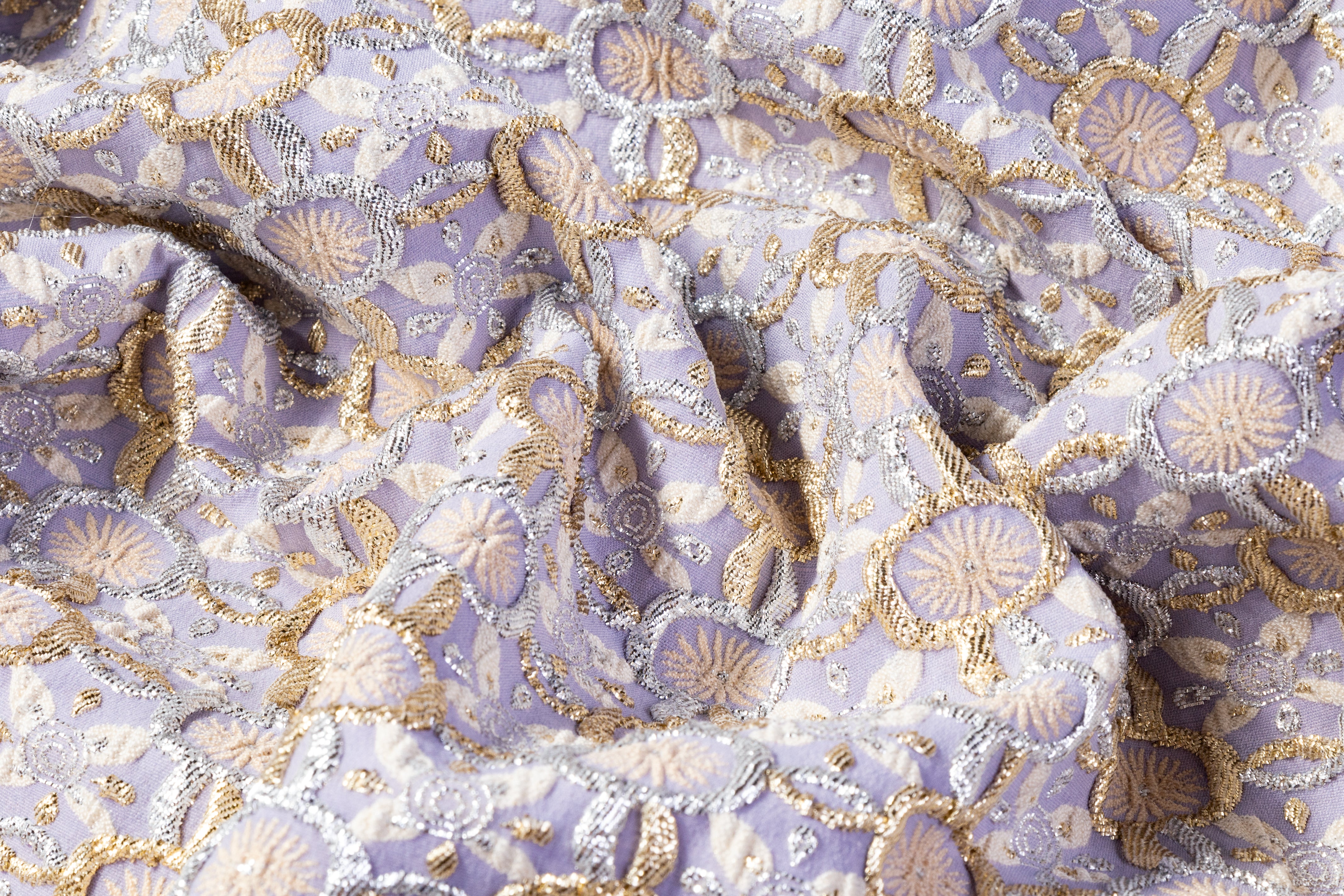 Metallic Italian Stretch Brocade - Lavender / Gold / Silver