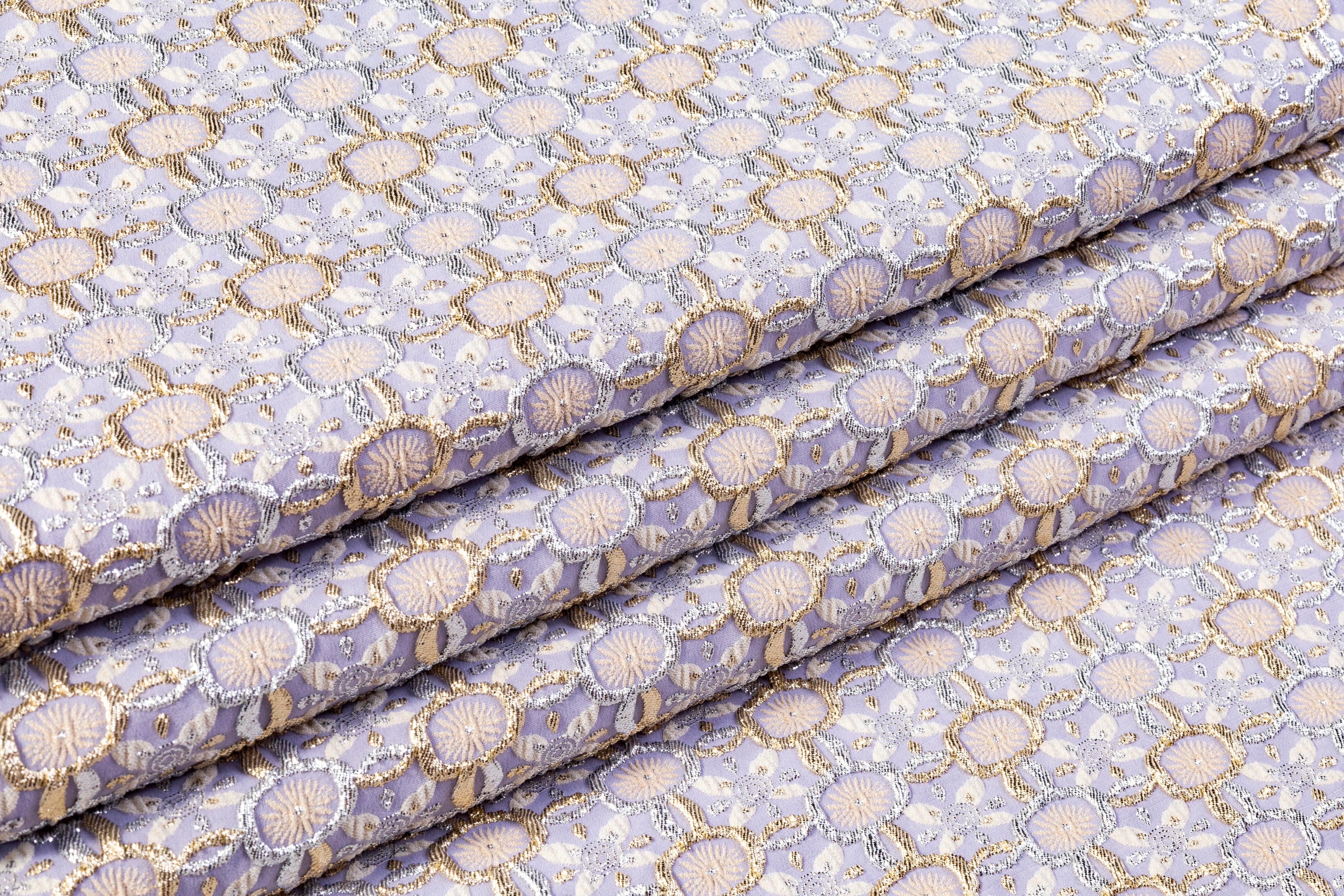 Metallic Italian Stretch Brocade - Lavender / Gold / Silver
