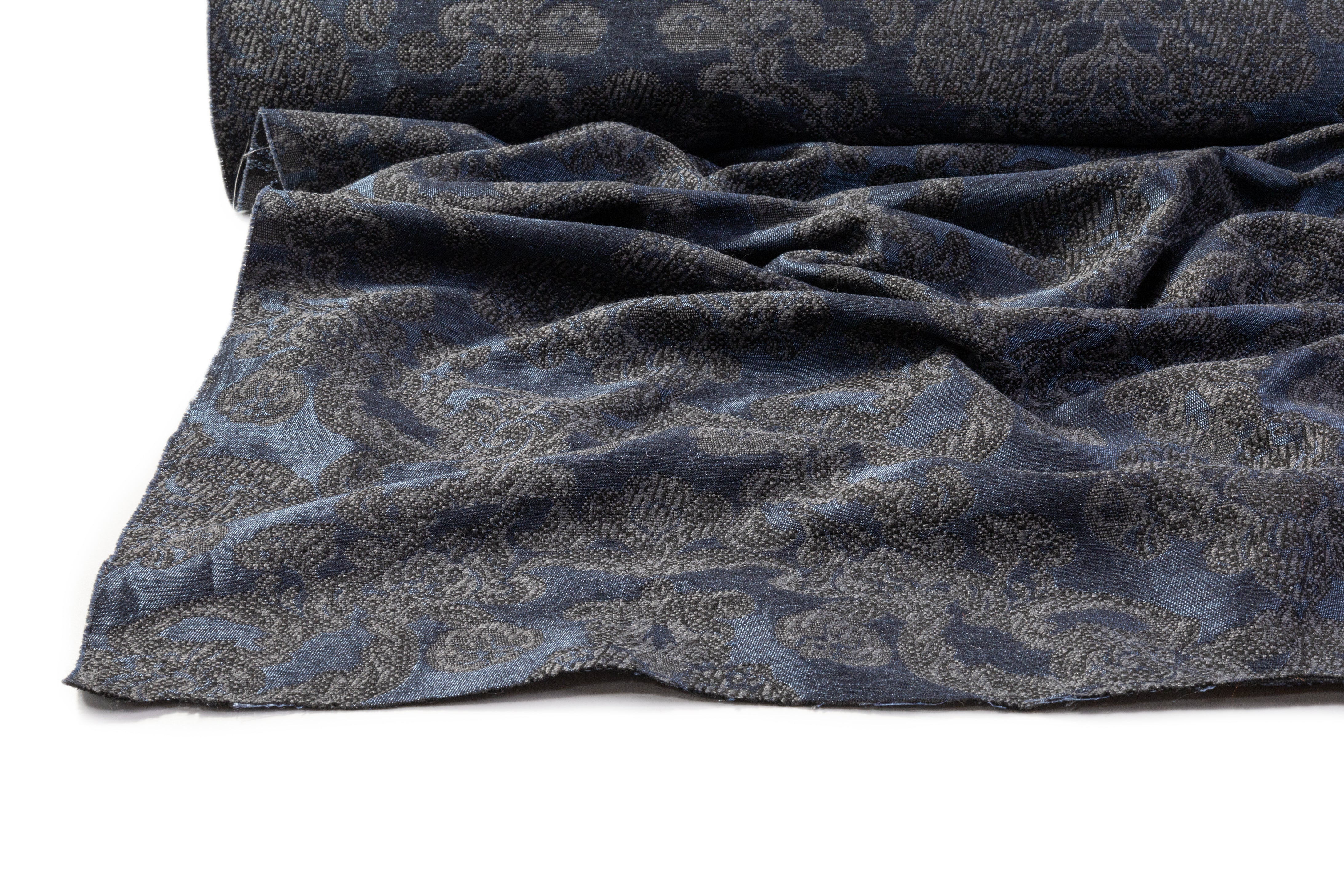 Damask Chenille Brocade - Blue / Gray