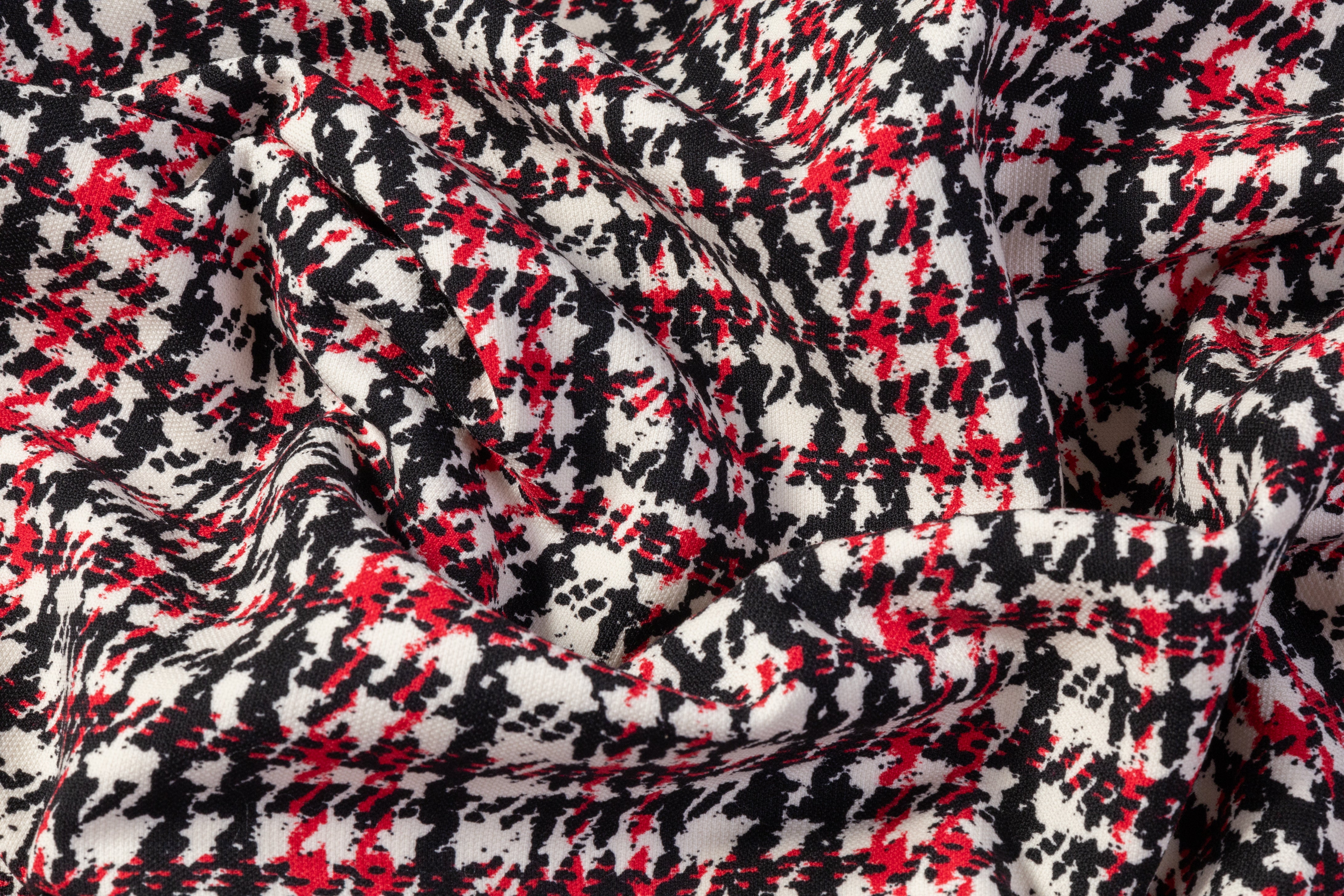 Houndstooth Printed Italian Wool Tricotine - Black / Red / Off White