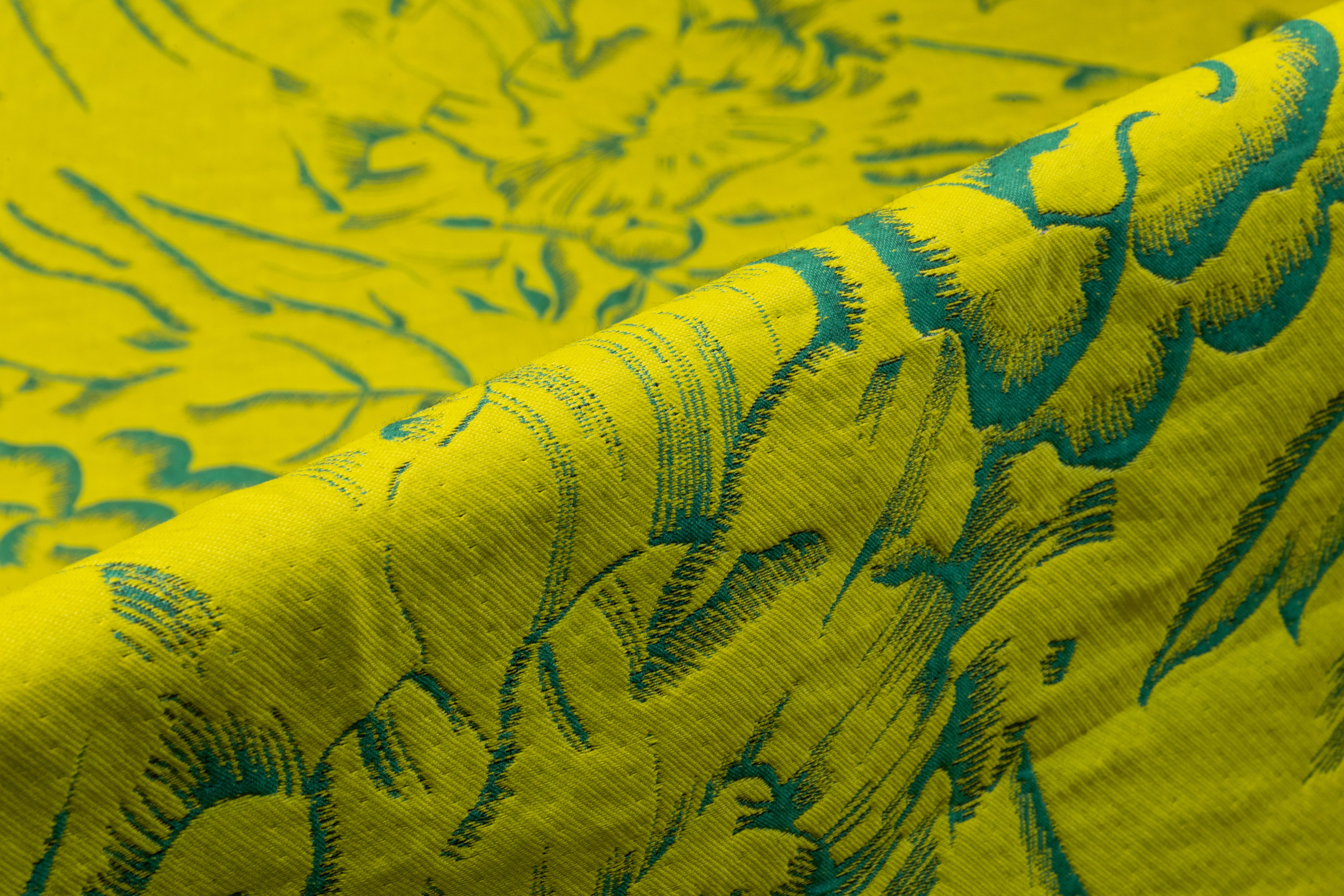 Double Faced Floral Italian Silk Blend Brocade - Chartreuse / Teal Green / Black