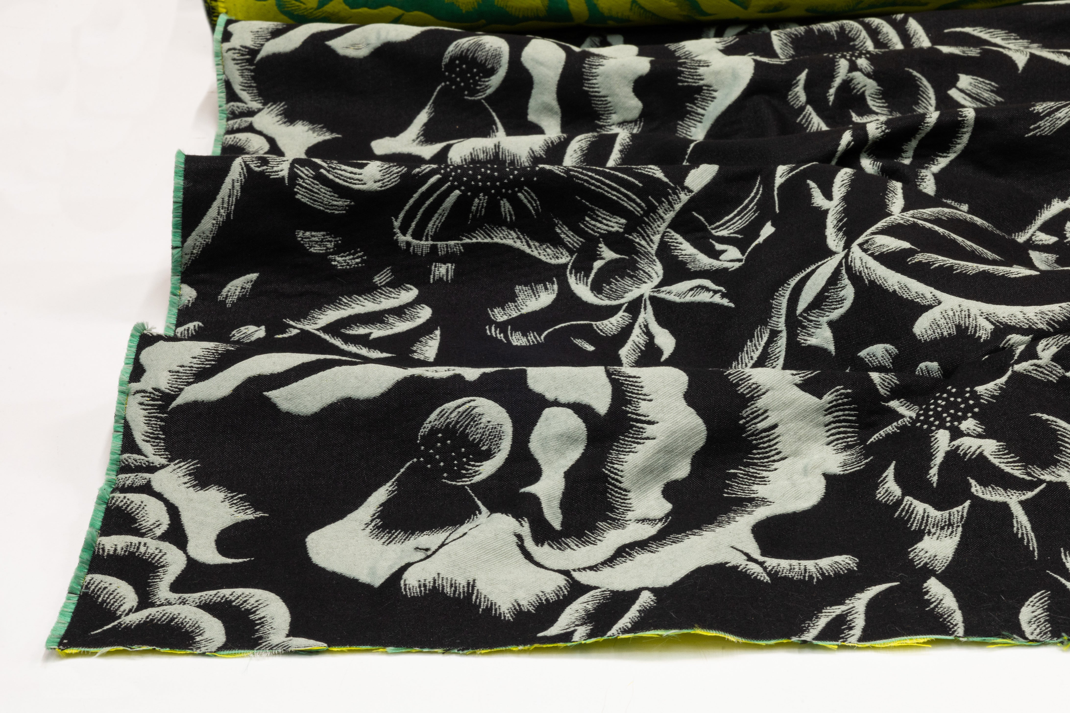 Double Faced Floral Italian Silk Blend Brocade - Chartreuse / Teal Green / Black