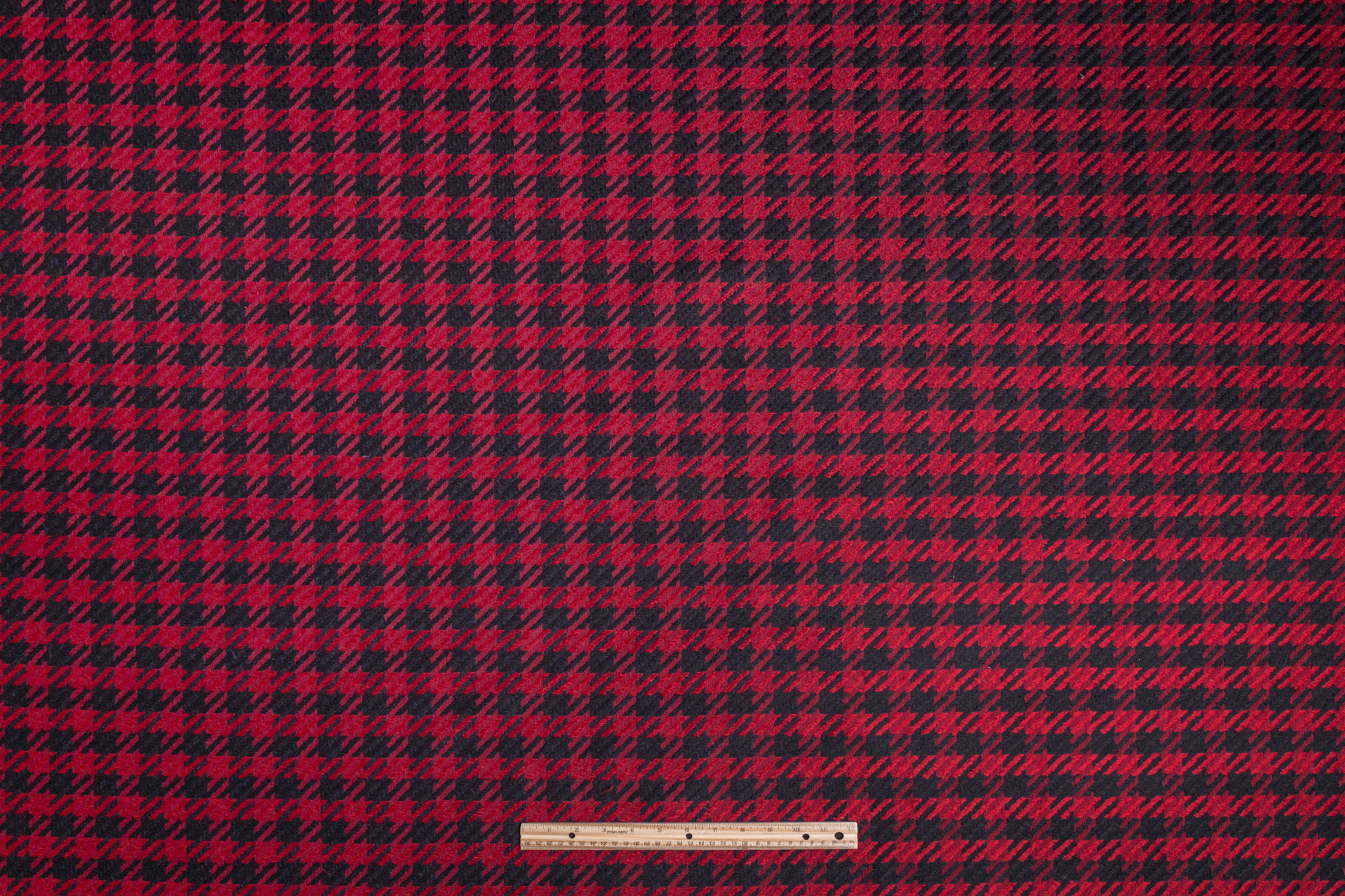 Houndstooth Wool Blend Tweed Coating - Maroon / Black