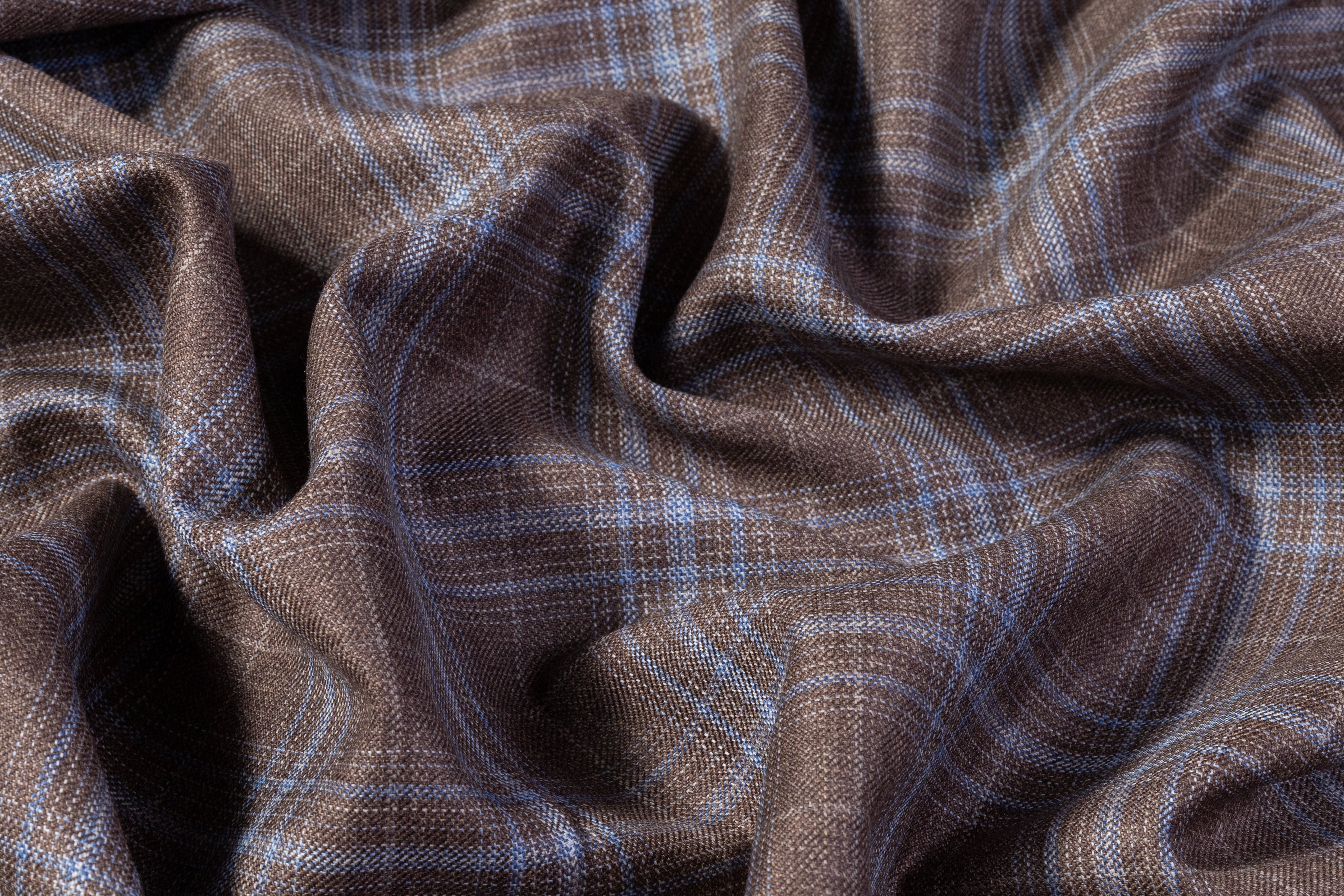 Checked Italian Wool Suiting - Taupe / Blue