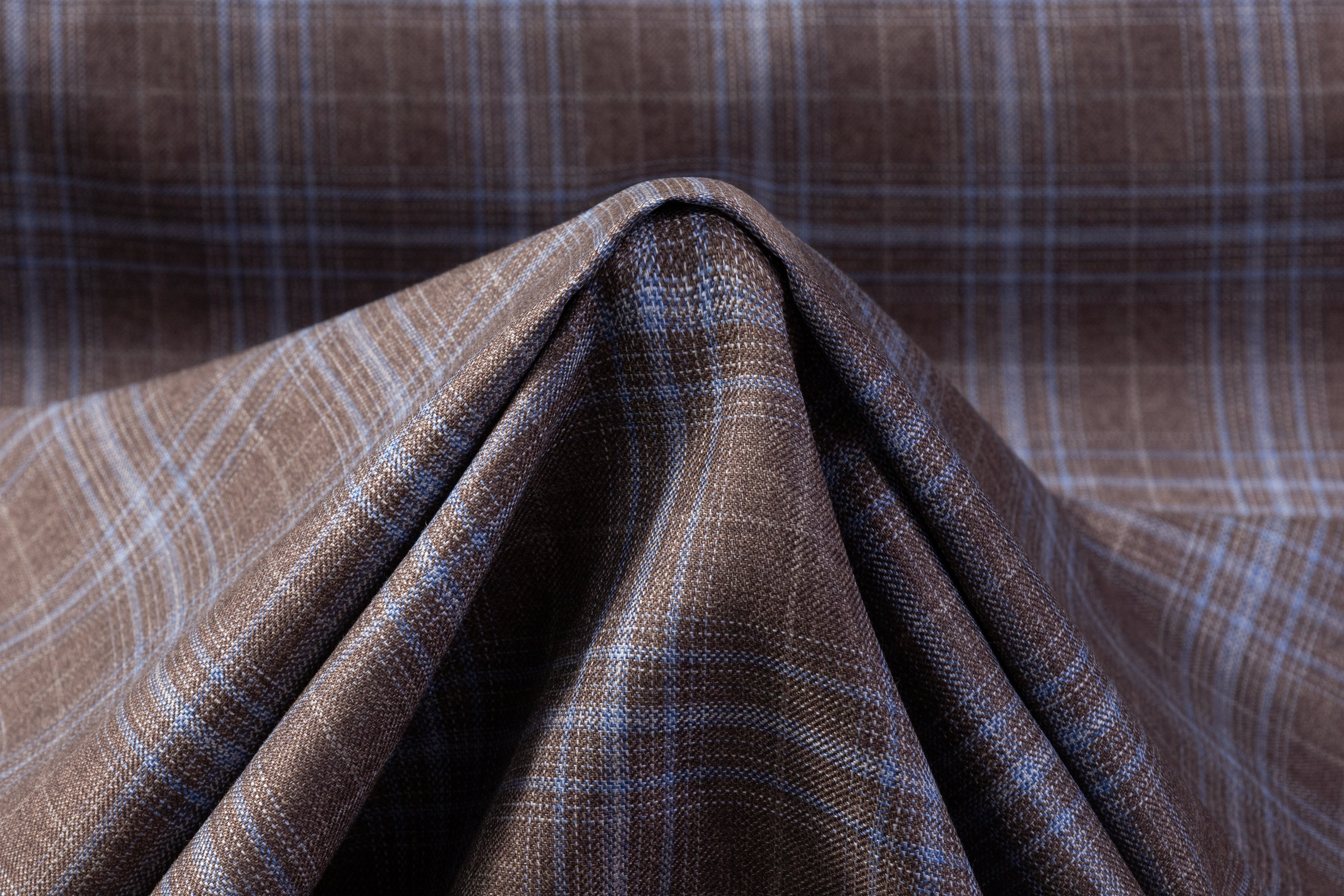 Checked Italian Wool Suiting - Taupe / Blue