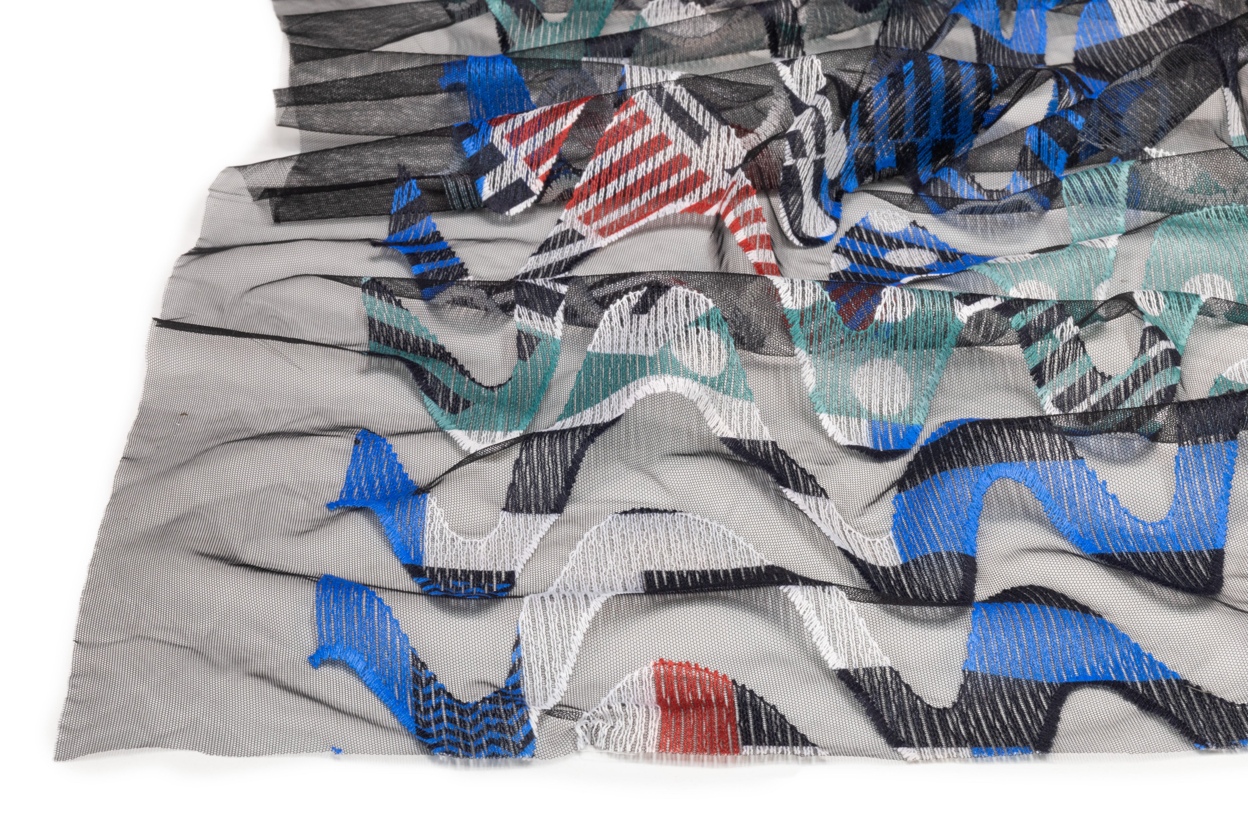 Abstract Geometric Italian Embroidered Tulle - Black / Multicolor